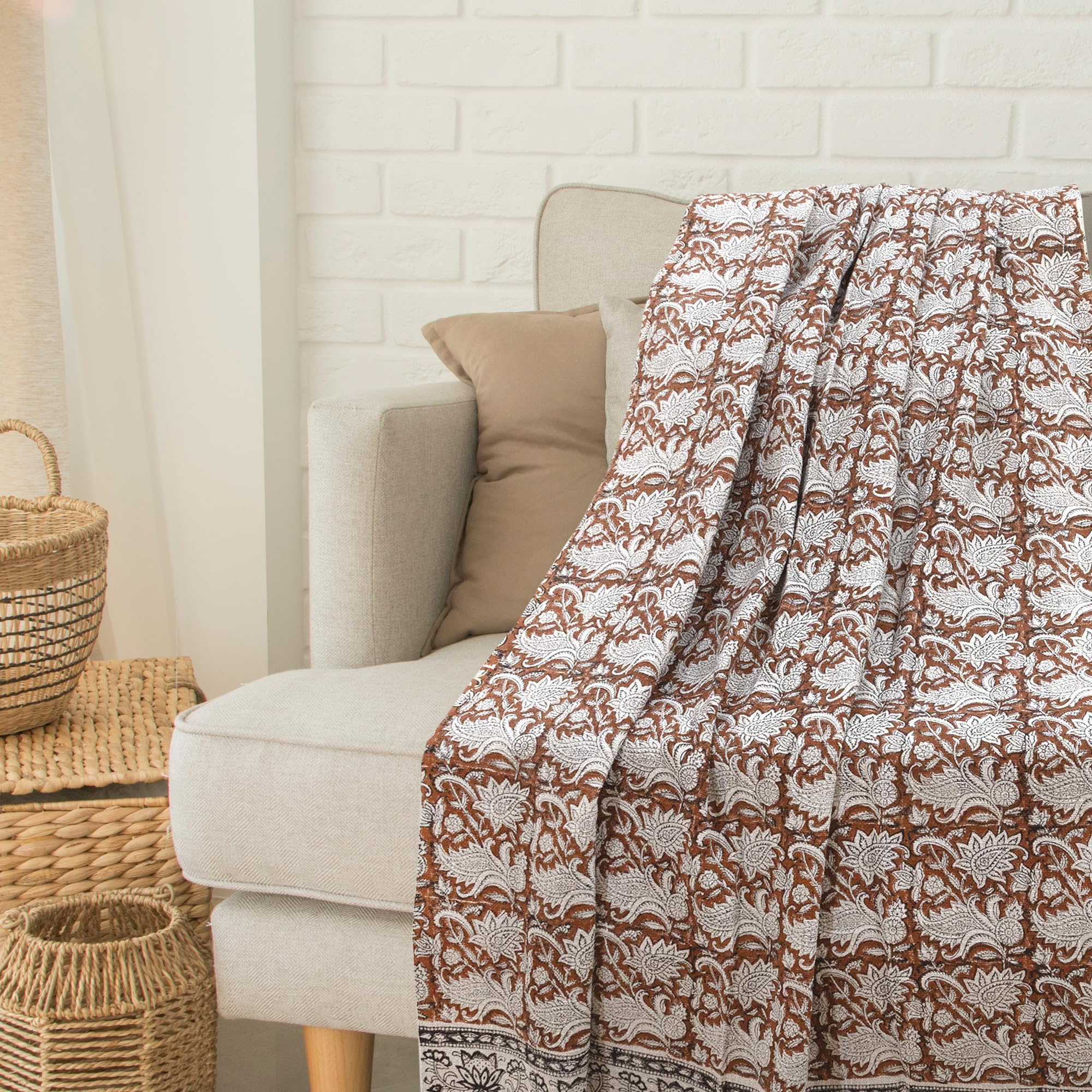 TOAI Pure Cotton Throw Blanket for Sofa Bed, Chair and Gifts | Soft Breathable Tassels All Seasons 52"x72" | Brown (Pack of 1)-image-9
