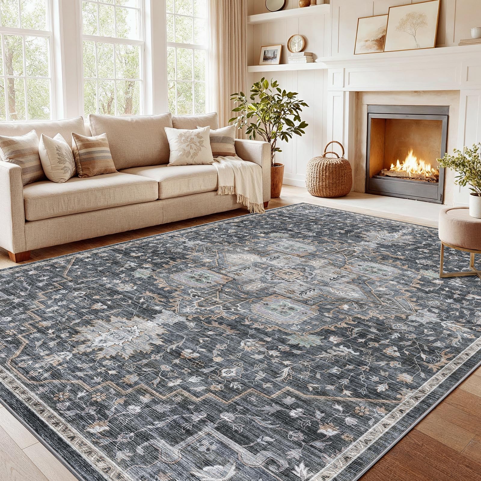 AMADA HOMEFURNISHING 8x10 Washable Area Rug, Low-Profile Large Area Rug with Non-Slip Backing & Durable Edge Binding, Vintage Large Rugs for Living