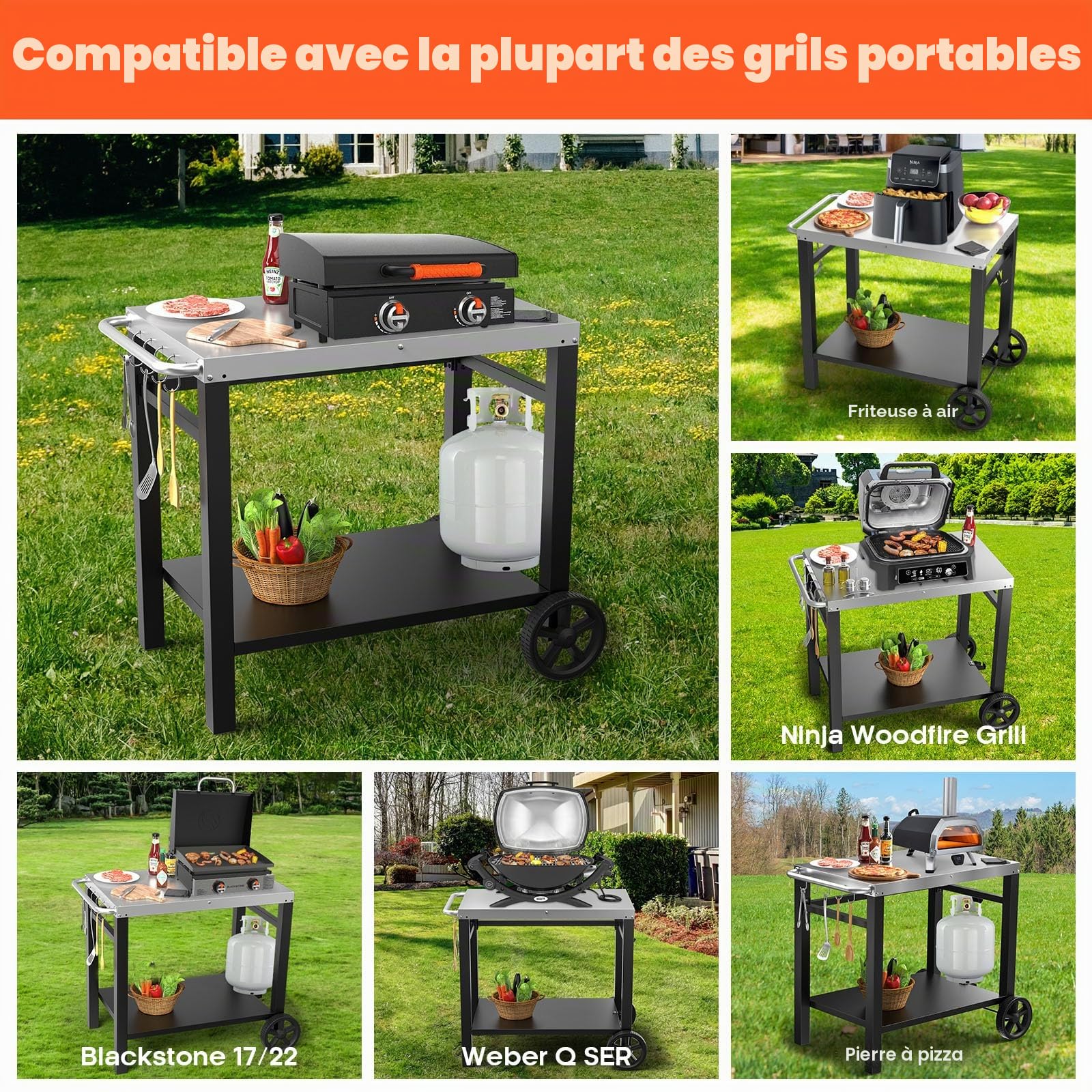 Table de Barbecue en Acier Inoxydable avec 2 Étages, Support de Four à Pizza, Chariot de Travail avec 5 Crochets, Chariot de Service Extérieur