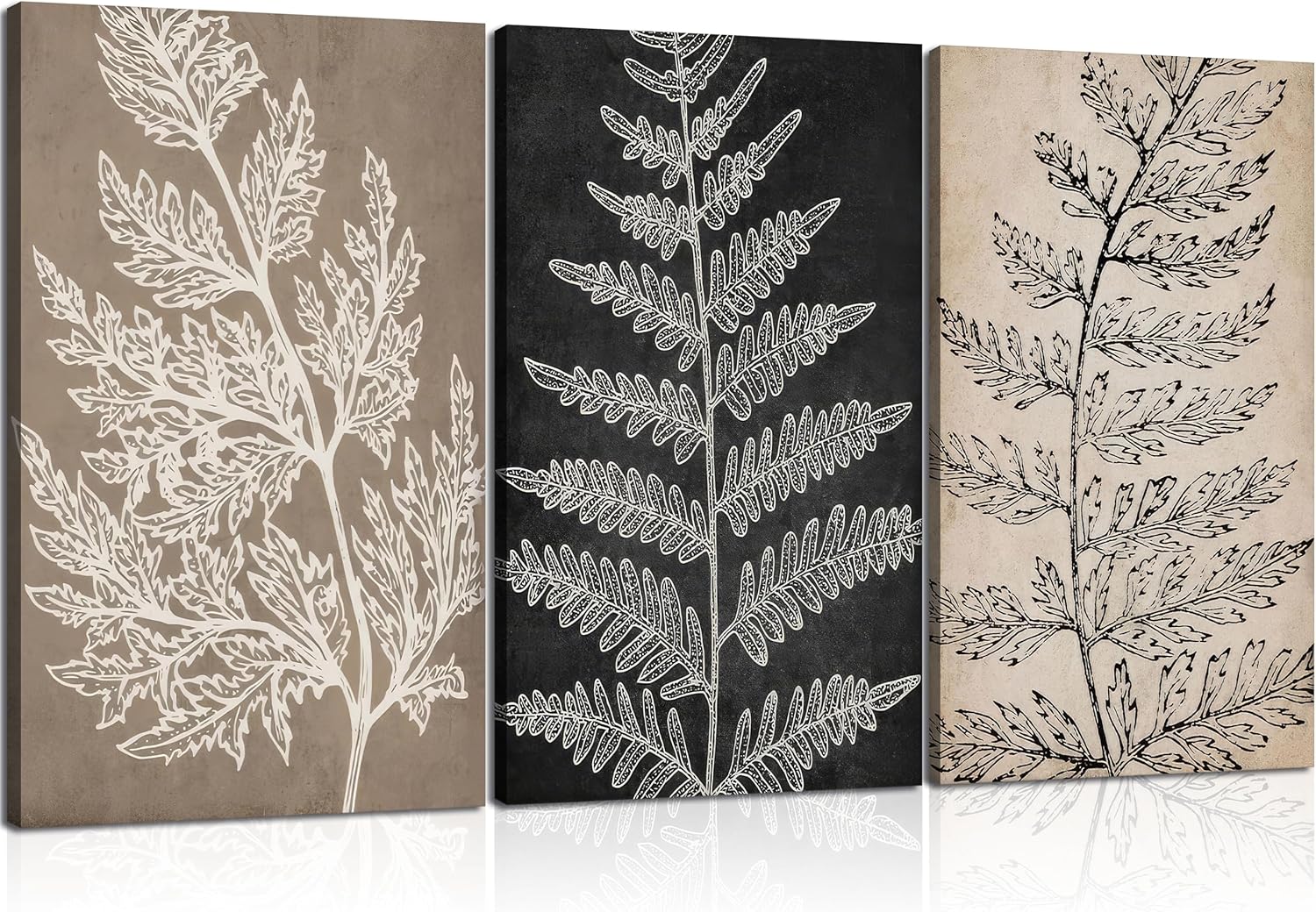 3Pcs Framed Botanical Canvas Wall Art Black Tan Fern Leaf Pictures Minimalist Paintings Nature Fern Plant Silhouette Posters Prints for Living Room Bedroom Office Farmhouse Wall Decor