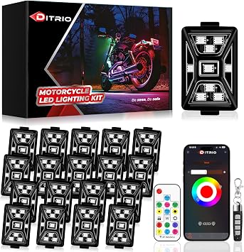 18PCS 5 Sides Full Angle RGB Motorcycle LED Underglow Kit with APP and 2 Remote Control,Brake Light Bright Waterproof Music Mode Easy Install Underglow Lights, Fit for Most Motorcycles Scooter