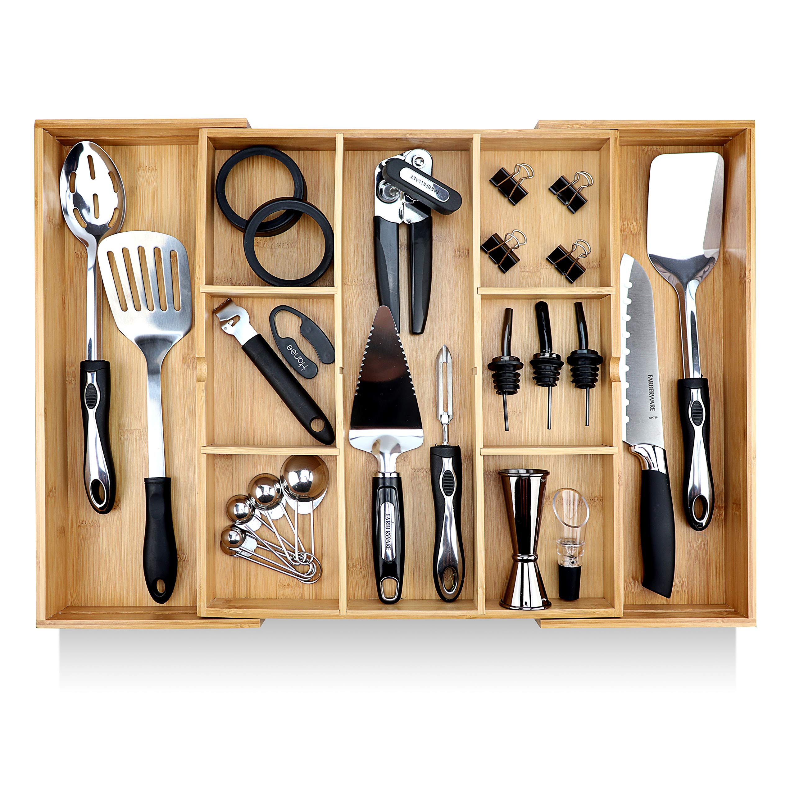 Pristine Bamboo Expandable Drawer Organizers for Kitchen - Extra Deep Non-Slip 17?Ç¥ x 14.6?Ç¥ (expands up to 25 inches) - Dark Wooden Silverware Divider (10 Compartments) ?Çô Organize Cooking Utensils