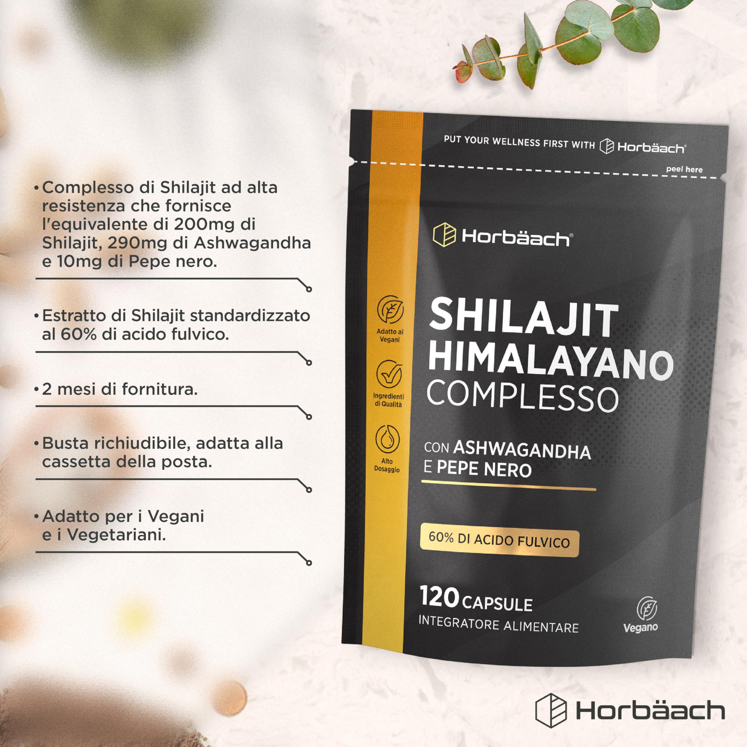 Shilajit Himalayano Puro Capsule | 1500 mg | 60% di Acido Fulvico | 120 Capsule Vegane | Integratore Alimentare di Estratto di Shilajit dalla Fonte Himalayana | Shilajit Complex | Horbaach