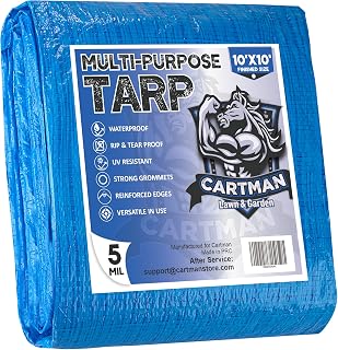 CARTMAN Finished Size 10x10 Feet Blue Poly Tarp 5 Mil Thick, Multipurpose Protective Cover for Camping, Tent, Boat, RV, Car