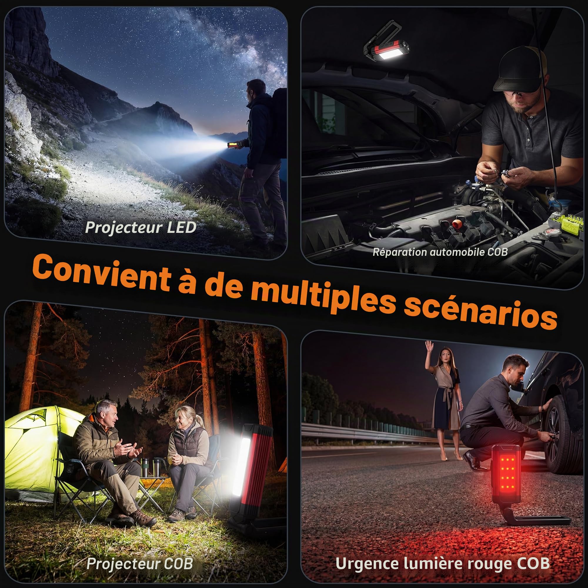 Lampes LED Rechargeables, Baladeuses LED pour Mécaniciens avec Support Pivotant et Crochet pliant, Lampe de Poche COB avec Aimant pour Auto, Atelier, Camping et Urgences-Cadeau Homme (2 Pièce)
