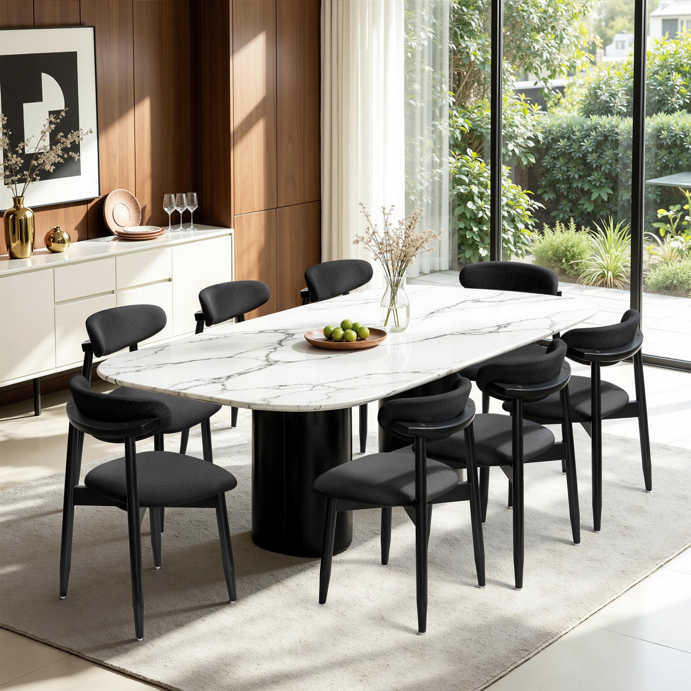 CHUN YI Dining Chairs Set of 8, Upholstered Solid Wood Dining Room Chairs, Mid Century Modern Fabric Kitchen Chairs with Ergonomic Curved Back, Black (Only Chairs)