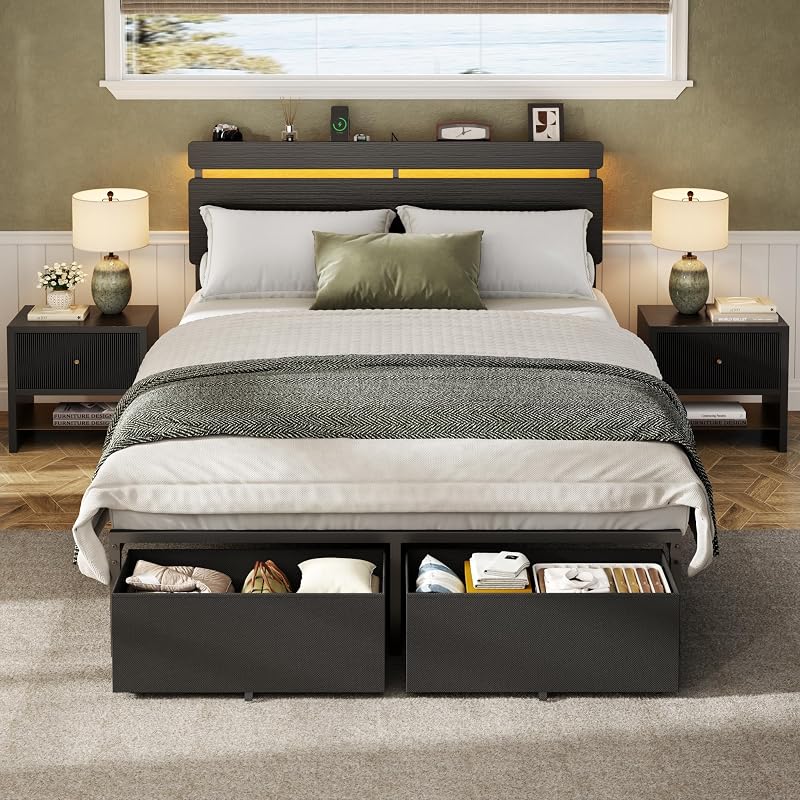 Forestell Full Size Bed Frame with Wood Headboard,2 Storage Drawers & Shelf image 4