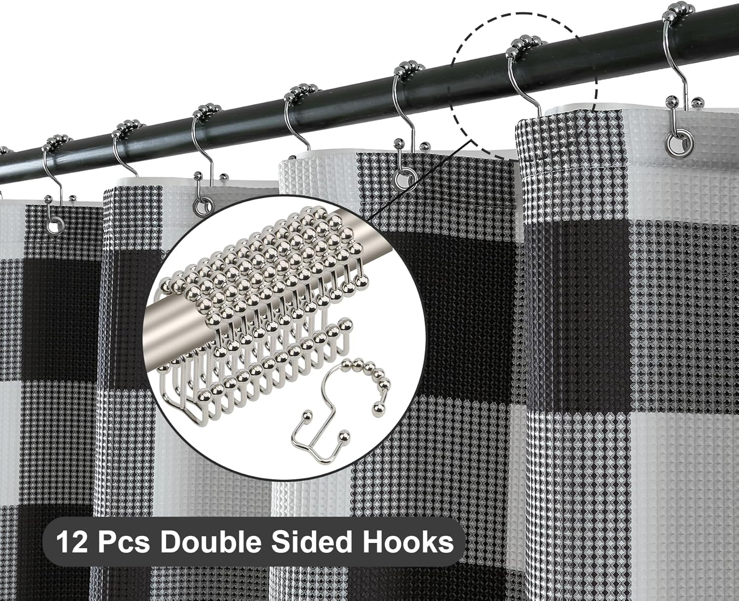 ORTIGIA 3 in 1 Waffle Shower Curtain Set-72x84, Bathroom Curtain with Waterproof PEAV Liner & 12 Stainless Steel Double-Sided Hooks, Black and White Buffalo Plaid Bath Curtain for Modern Farmhouse