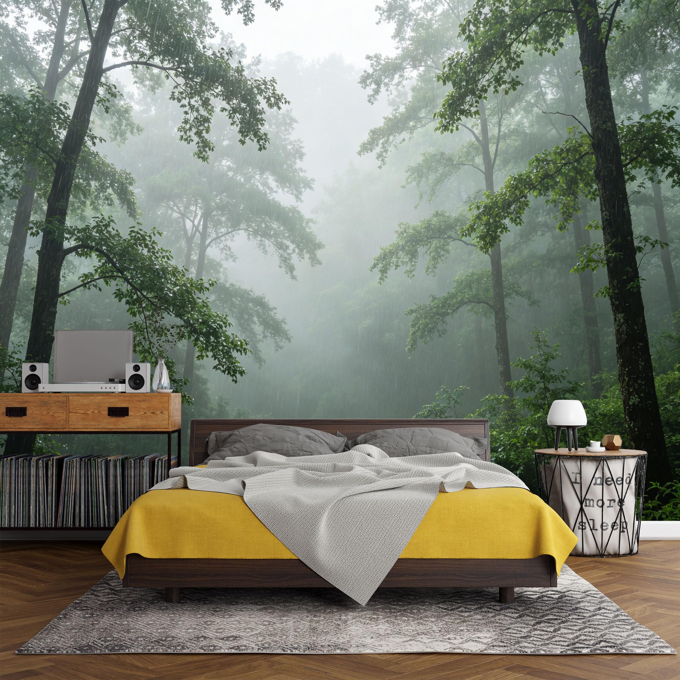Custom Size Wall Mural， Forest Mist Rain Green Woodland Landscape Nature Scene，SelfAdhesive Art Prints wall Fabric (No PVC) Removable Wallpaper Living Room Decor