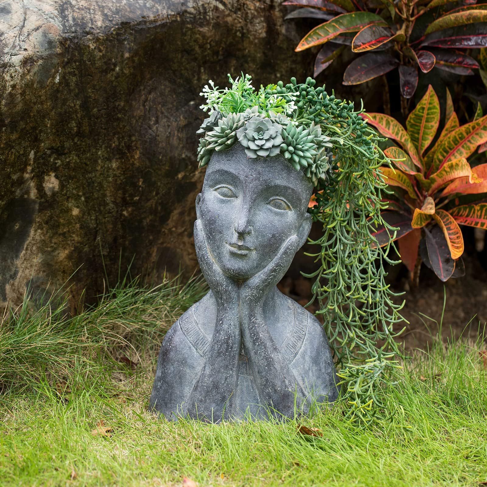 Face Cactus Succulents Planter Pot - Indoor Outdoor Planter with Drainage Hole Garden Statues Cute Plants Pot Flower Pot Farmhouse Decor 11 * 8.5 * 16.5 inch