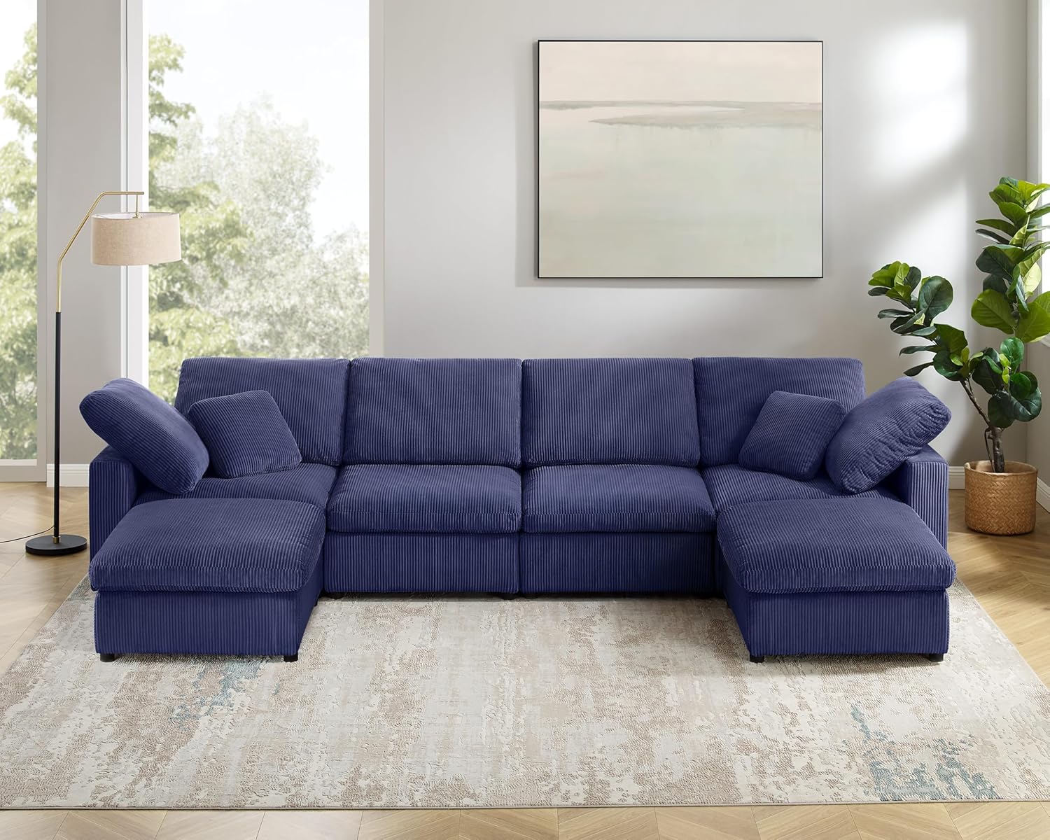 143" Super Large Modular Sectional Sofa for Living Room U Shaped, Convertible Comfy Corduroy Cloud Couch with Ottoman, Modern Sleeper Chaise for Large Apartment Office (U Shaped, Blue)