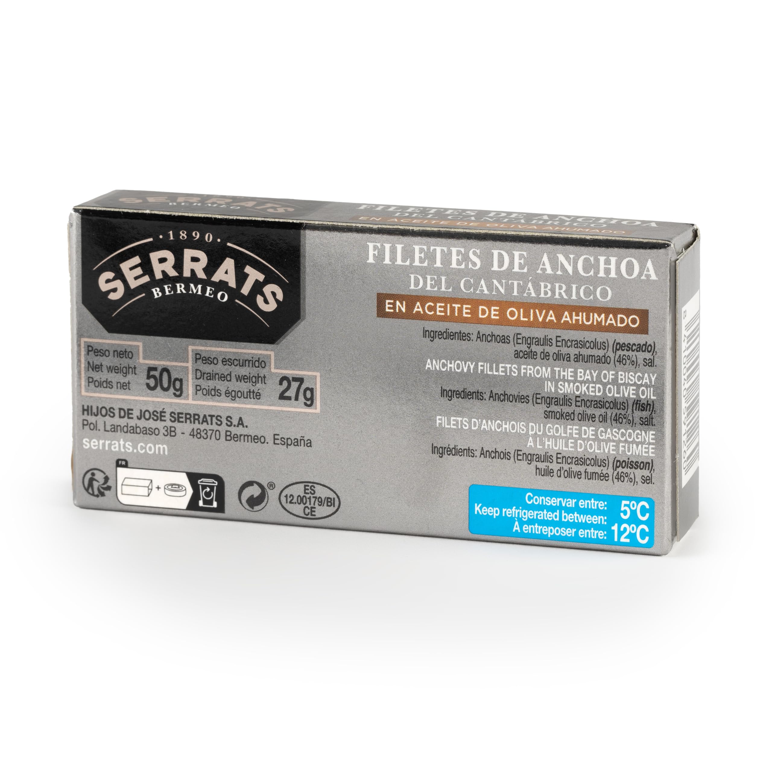 CONSERVAS SERRATS - Anchoas del Cantábrico en Aceite de Oliva Ahumado - 12 Latas x 50g (Total: 600g) - Elaboración Artesanal, 100% Natural, Sin Espinas, Gourmet, Alto contenido en Omega 3