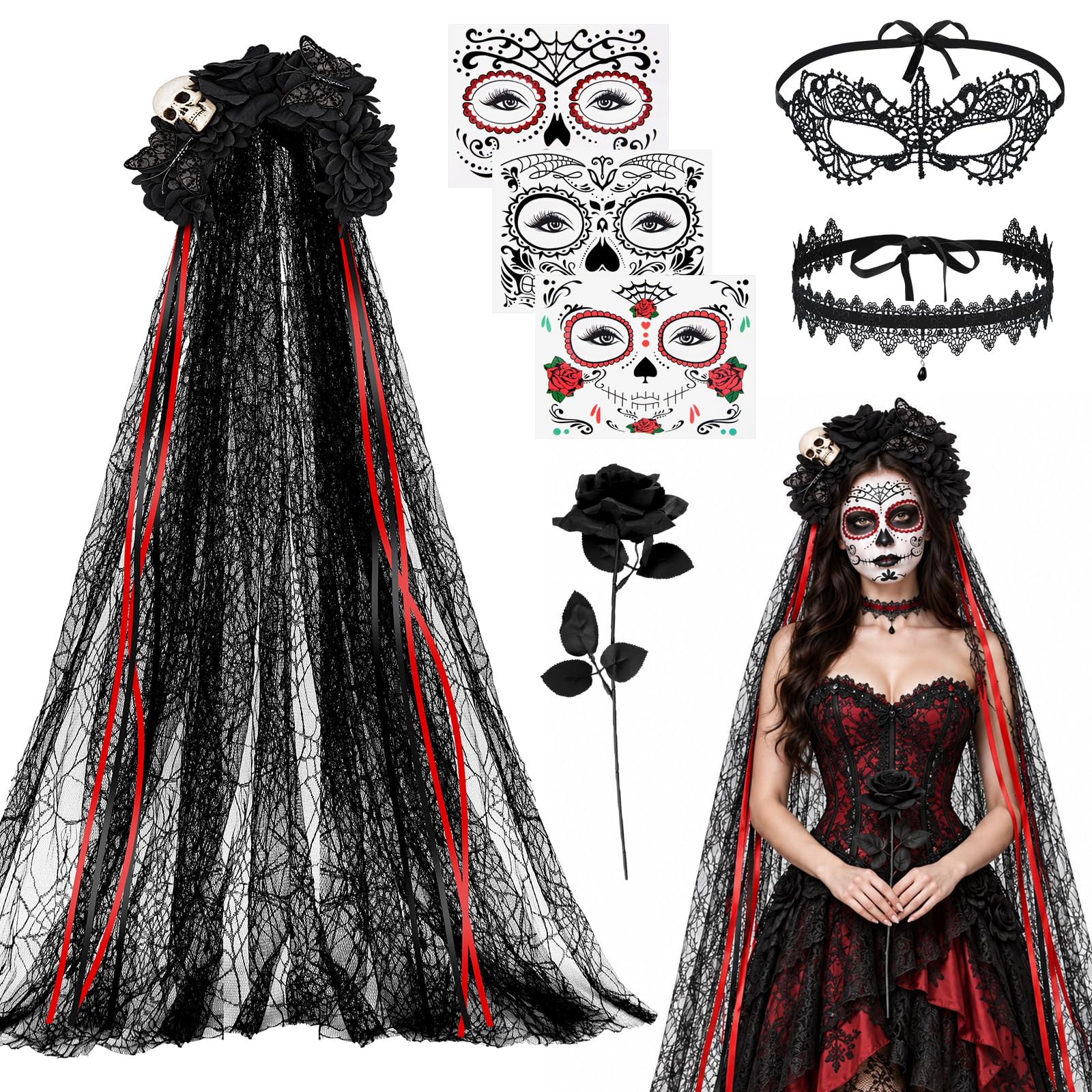 Yotako 7 Pcs Day of the Dead Costumes Accessories Set Headband Veil 120cm