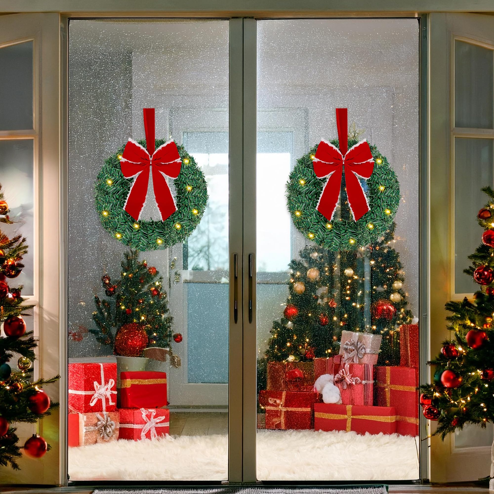 ATDAWN Lot de 3 mini couronnes de Noël éclairées pour porte d'entrée, décorations de fête de Noël (nœud rouge)