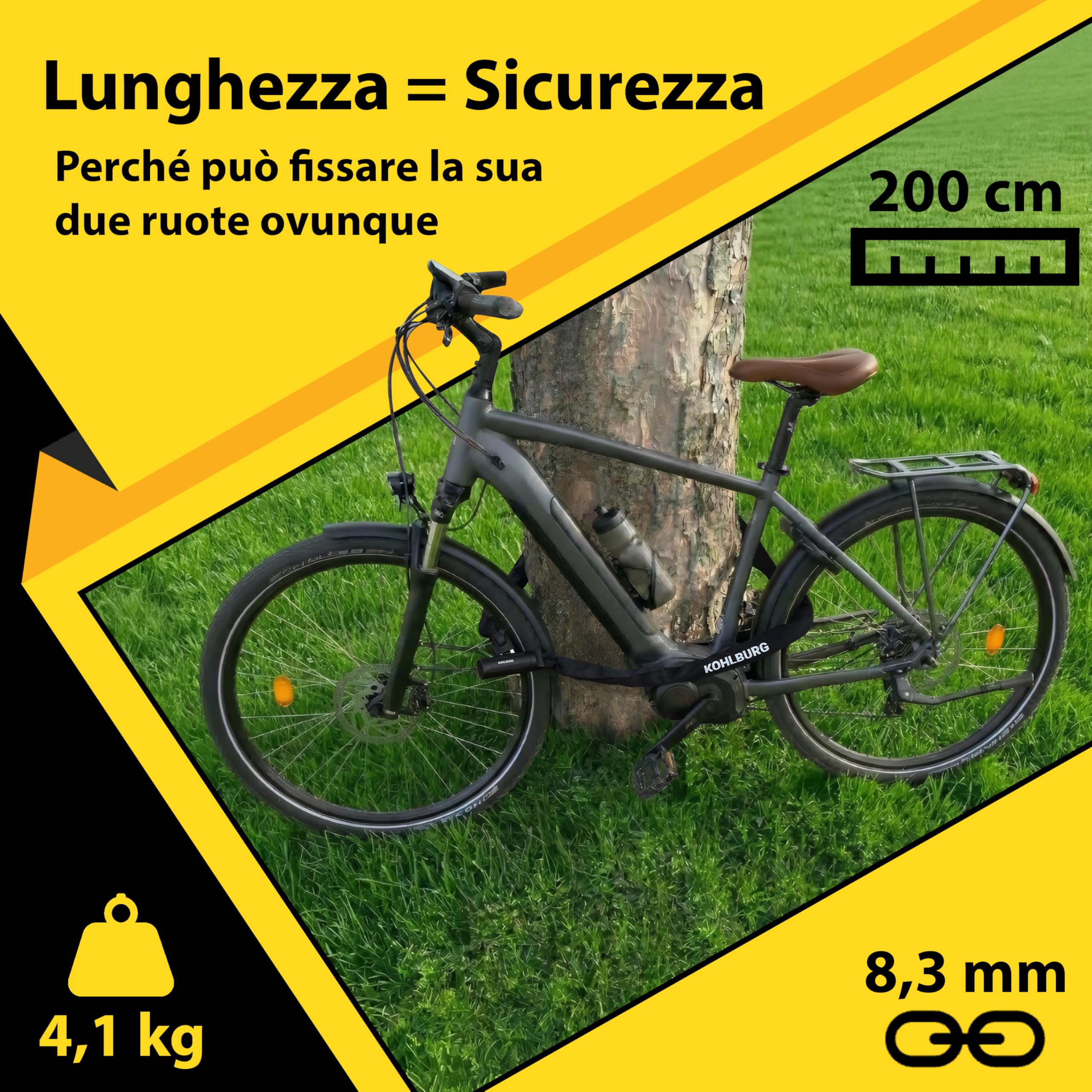 KOHLBURG 200cm Catena antifurto di sicurezza con catena quadrata da 8,3 mm in acciaio speciale, 2 metri extra lunghi, antifurto per bici sicuro da 2m di lunghezza, 4 chiavi per e‑bike, bici e moto