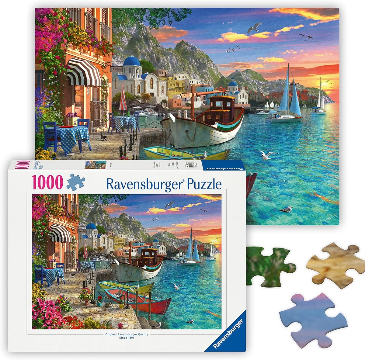 Ravensburger - Grandiose Greece - 1000 Piece Jigsaw Puzzle - Stunning, Exciting Coastal Sunrise Over Town - Bold Colors - Enticing Scene - Ideal Gift - Frameable Art - Puzzles for Adults