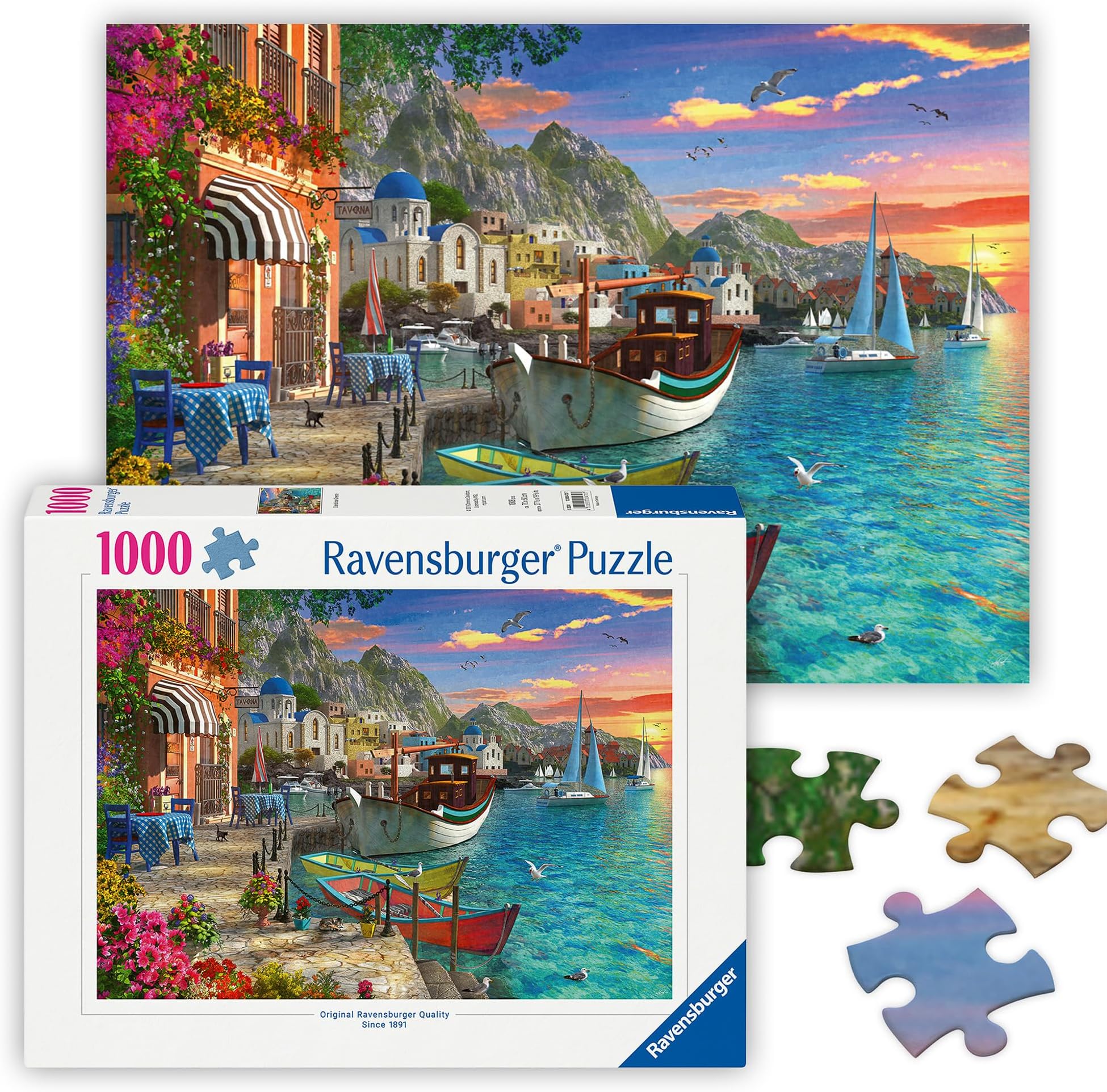 Grandiose Greece - 1000 Piece Jigsaw Puzzle - Stunning, Exciting Coastal Sunrise Over Town - Bold Colors - Enticing Scene - Ideal Gift - Frameable Art - Puzzles for Adults