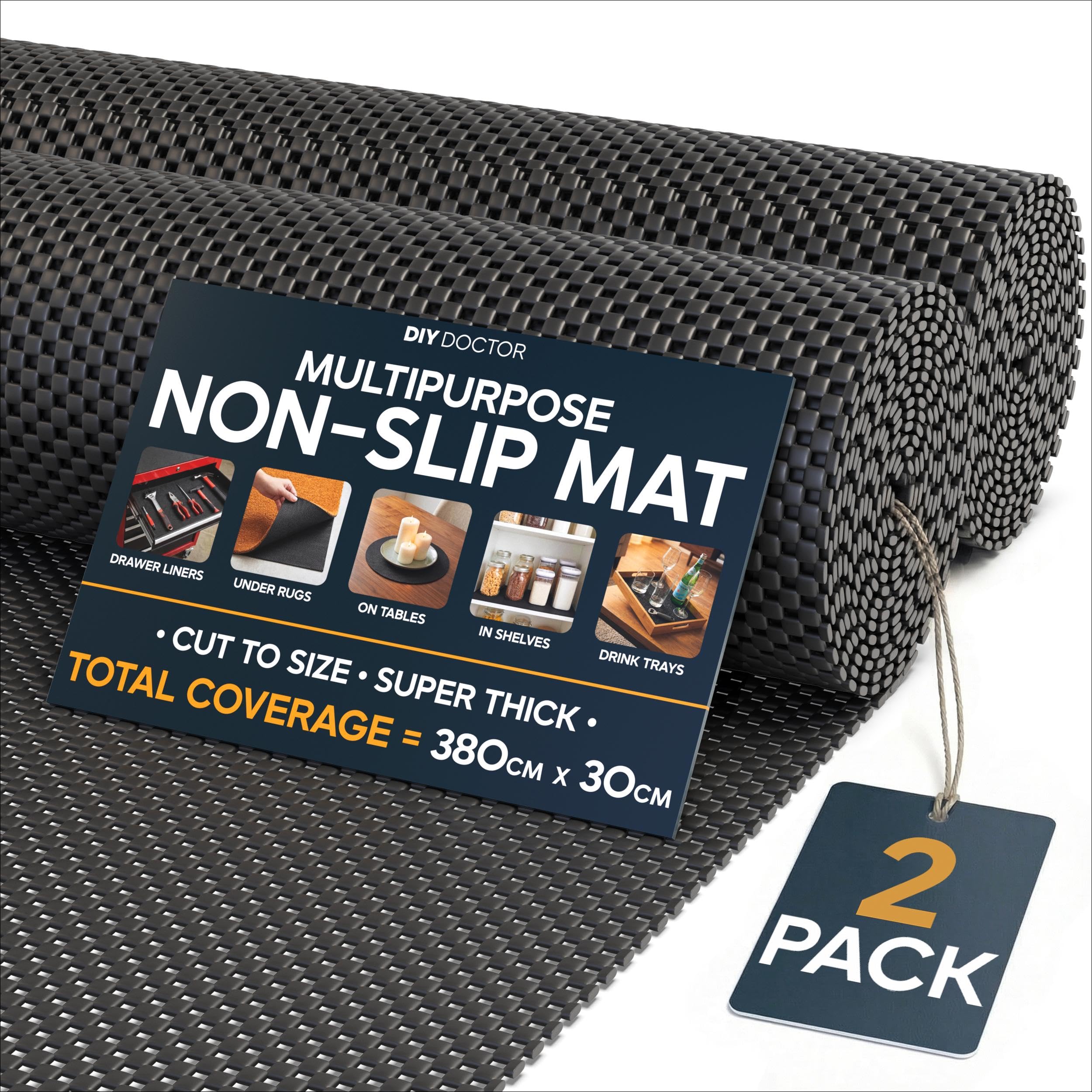Anti Slip Gripper Rolls 2 Pack – 190 x 30cm Non Slip Rug Underlay for Laminate Flooring – Carpet and Rug Grippers – Rubber Mat Shelf and Drawer Liner - Black