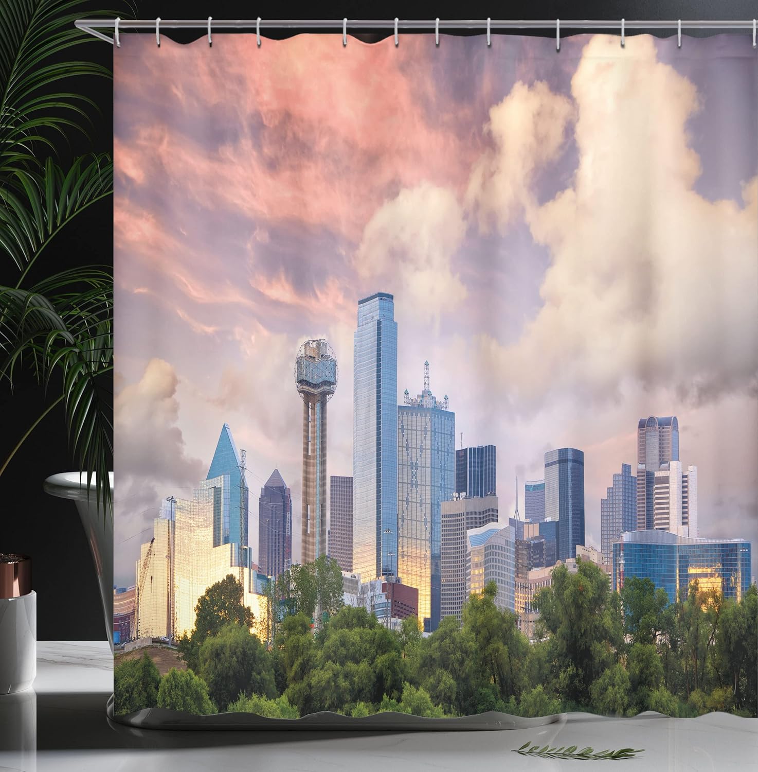 Ambesonne United States Shower Curtain, Dallas City Skyline at Sunset Clouds Texas Highrise Skyscrapers Landmark, Cloth Fabric Bathroom Decor Set with Hooks, 69" W x 75" L, Multicolor