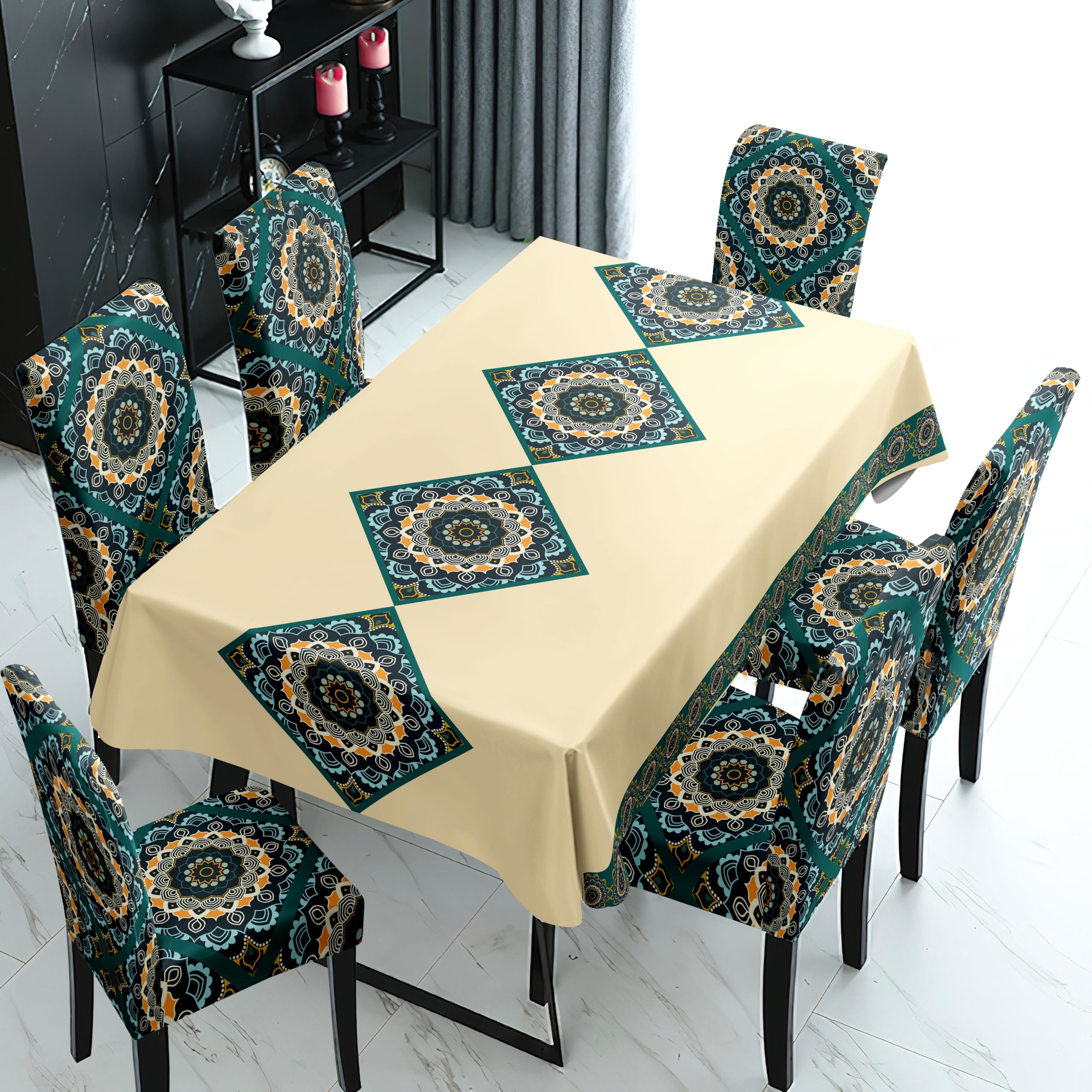 Styleys Dining Table Cover 6 Seater Waterproof with Chair Covers | Table Cover Cloth | Dining Table Cover Cloth Combo - 1 Table Cover + 6 Chair Cover, Beige & Green Mandala, XKFSZB-24-image-10