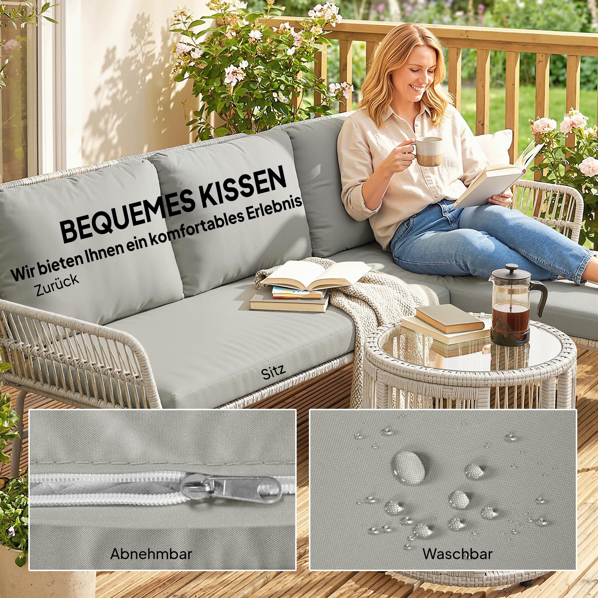 Outsunny Polyrattan Gartenmöbel Set 3-teilig, Lounge Set mit Chaiselongue Zweisitzersofa Glastisch abnehmbar Kissen, Rattan Sitzgruppe bis 3 Personen, Lounge Möbel für Garten Terrasse Balkon Hellgrau