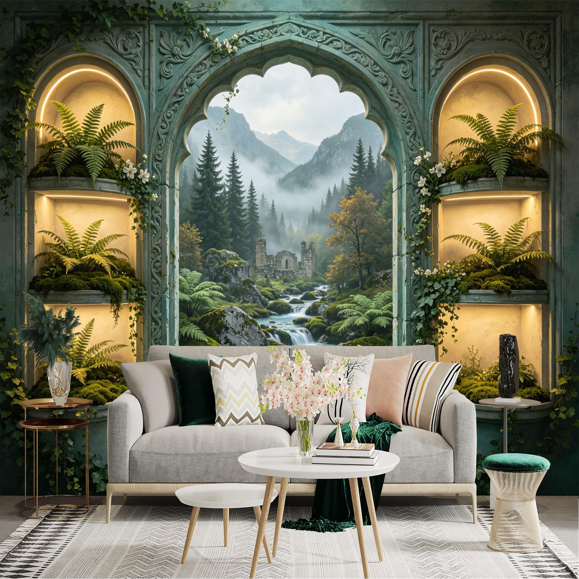 Custom Size Wall Sticker Mural， Fantasy Forest Landscape with Waterfall， Ruins and Ferns， for wall Decoration， peelandstick wall Decals.