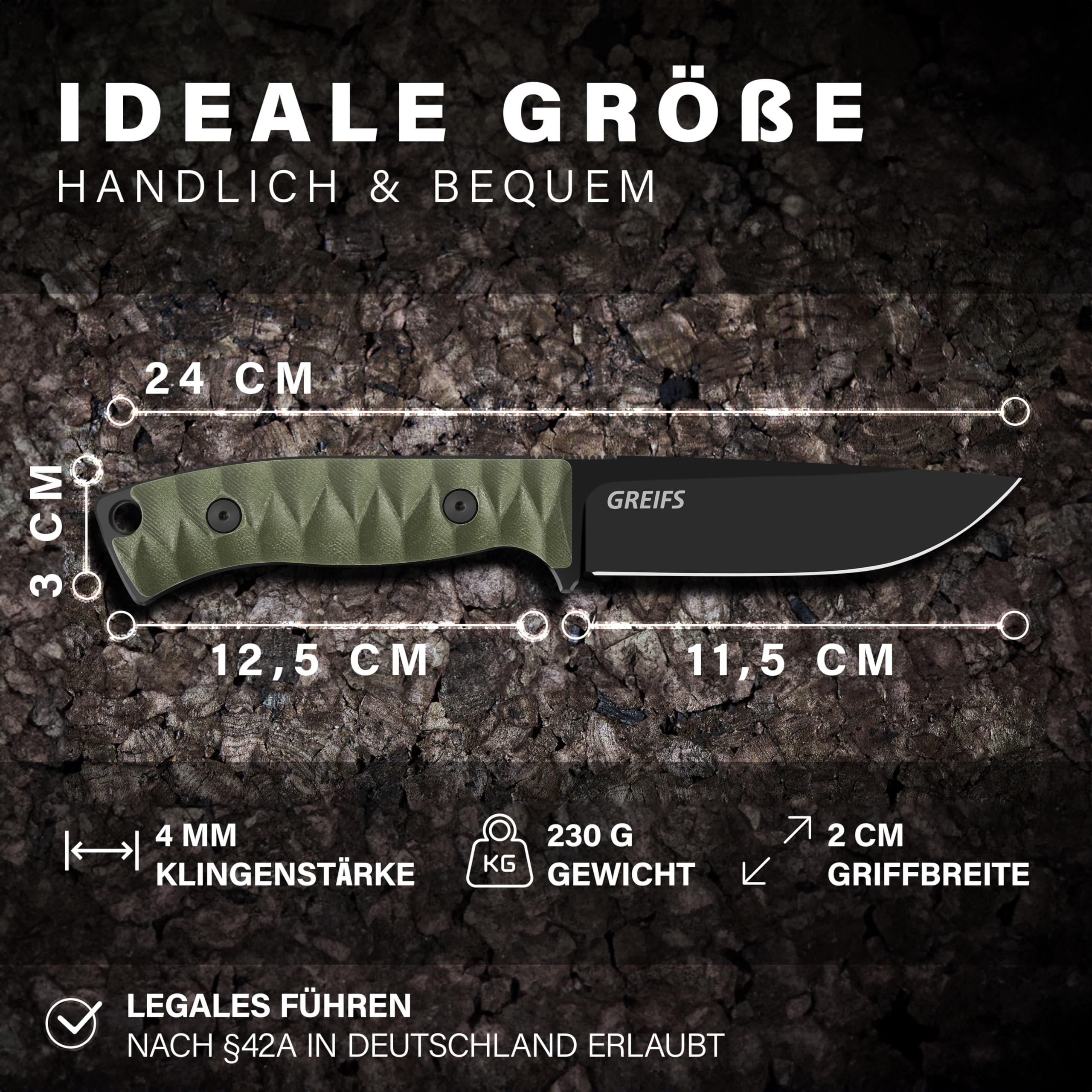 GREIFS® Outdoor-Messer aus D2 Stahl mit Kydex Holster und Feuerstahl, edles Survival Messer für die Bushcraft Ausrüstung, Jagdmesser, Schnitzmesser, Fahrtenmesser (Ranger/Olivgrün)