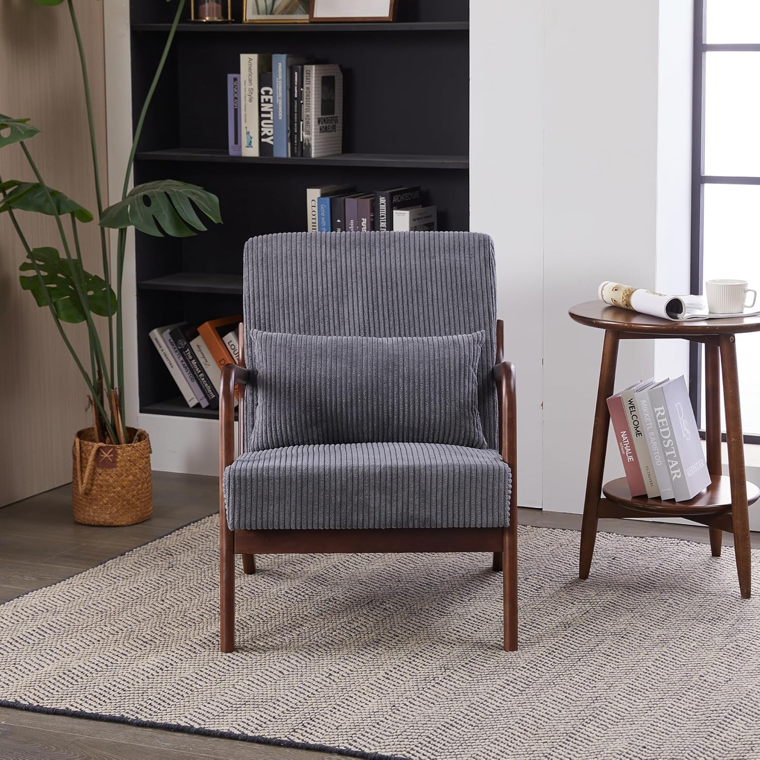Accent Chair Mid-Century Modern Chair with Pillow Upholstered Lounge Arm Chair with Solid Wood Frame & Soft Cushion for Living Room, Bedroom, Balcony, Easy Assembly, (Antique Dark Grey)