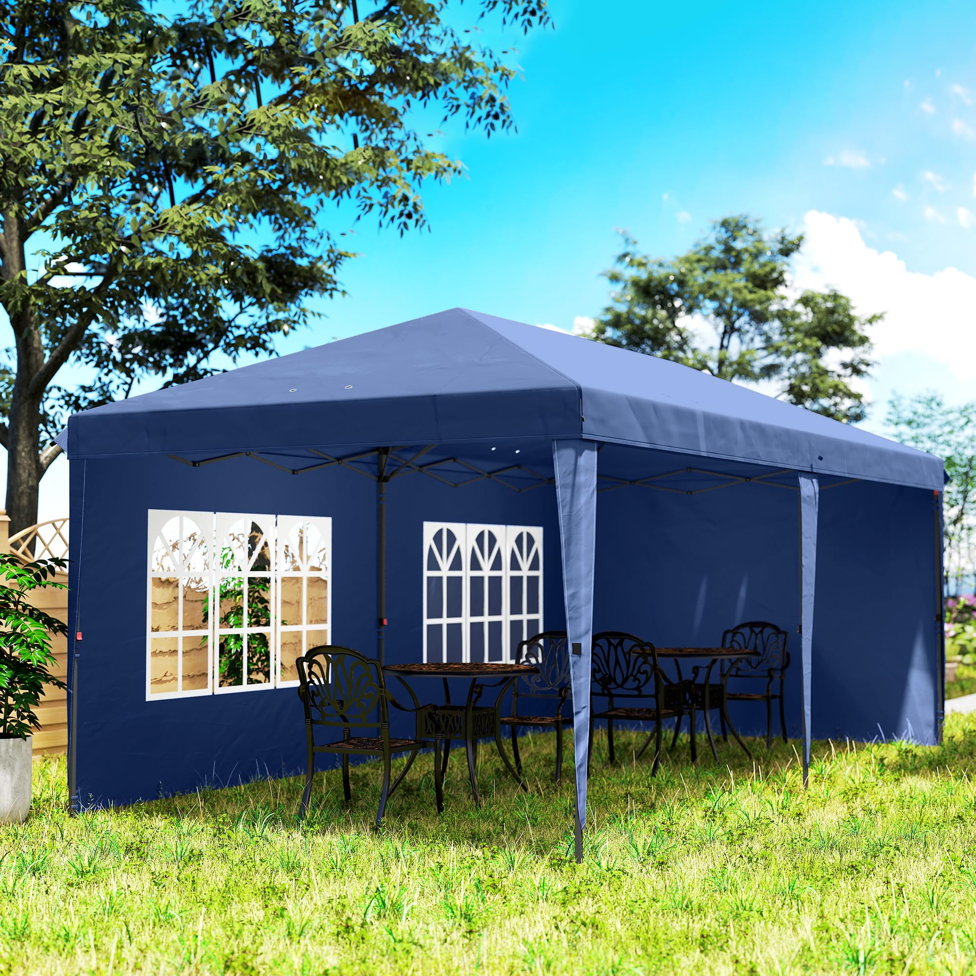 Outsunny Carpa Plegable 6x3 m, Pop-up, con 4 Laterales Desmontables, Cenador de Jardín con 2 Ventanas Visibles, Bolsa de Transporte, Impermeable, Anti-UV, Gazebo para Camping, Fiestas, Exterior, Azul