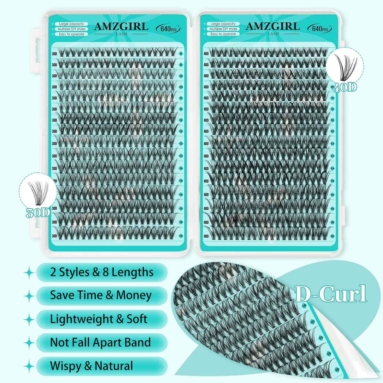 Lash Clusters Kit 640Pcs, 30D+40D Eyelash Extension Kit, Lash Bond and Seal Waterproof, Lash Remover, Lash Applicator Tool and Function Brush for DIY Eyelash Cluster Kit(D-Mix9-16mm Kit)