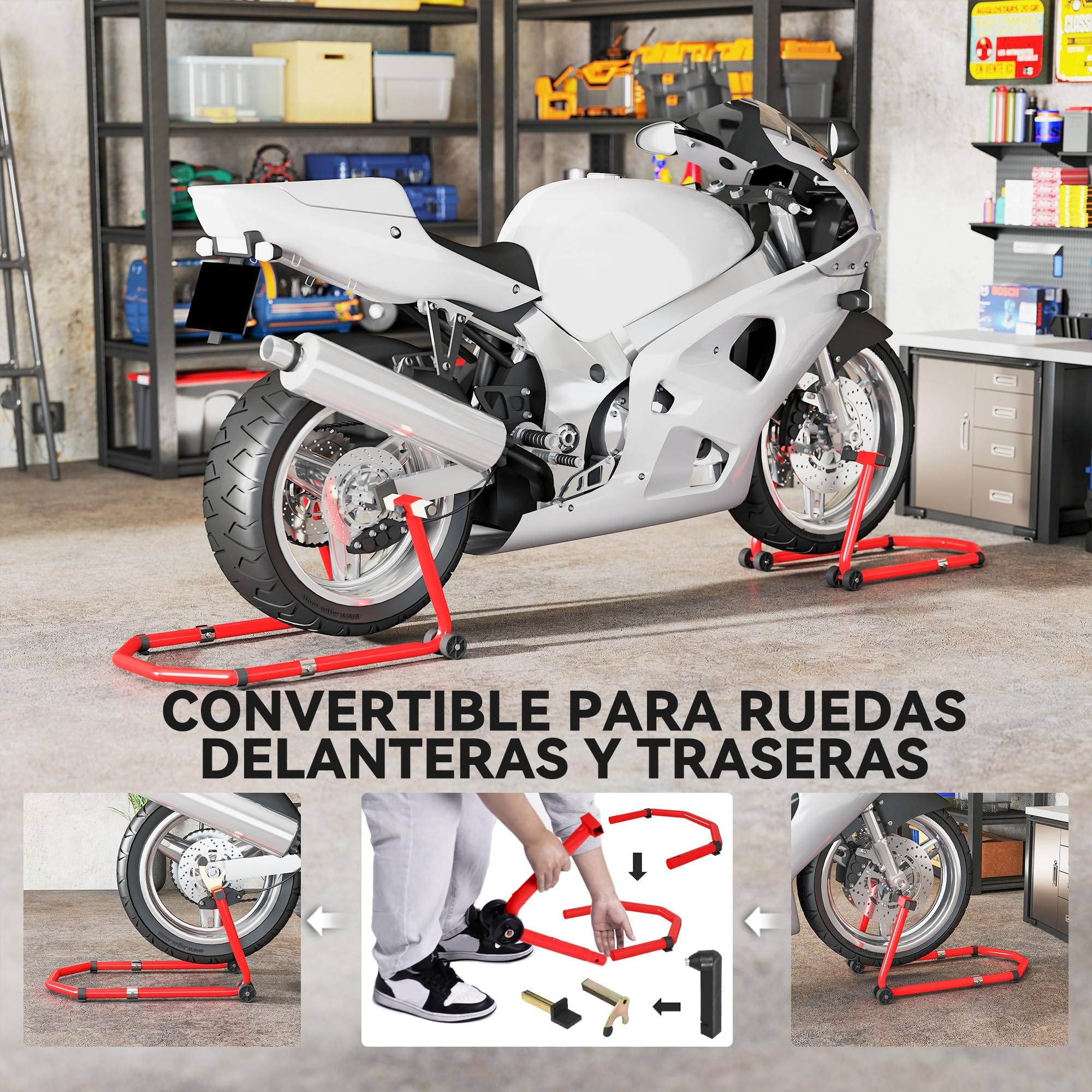 HOMCOM Caballete Moto Elevador Universal Carga 390 kg Soporte Rueda Delantera y Trasera Motocicleta Convertible con Adaptadores de Horquillas en U y L Ajustables y Ruedas para Reparación Mantenimiento