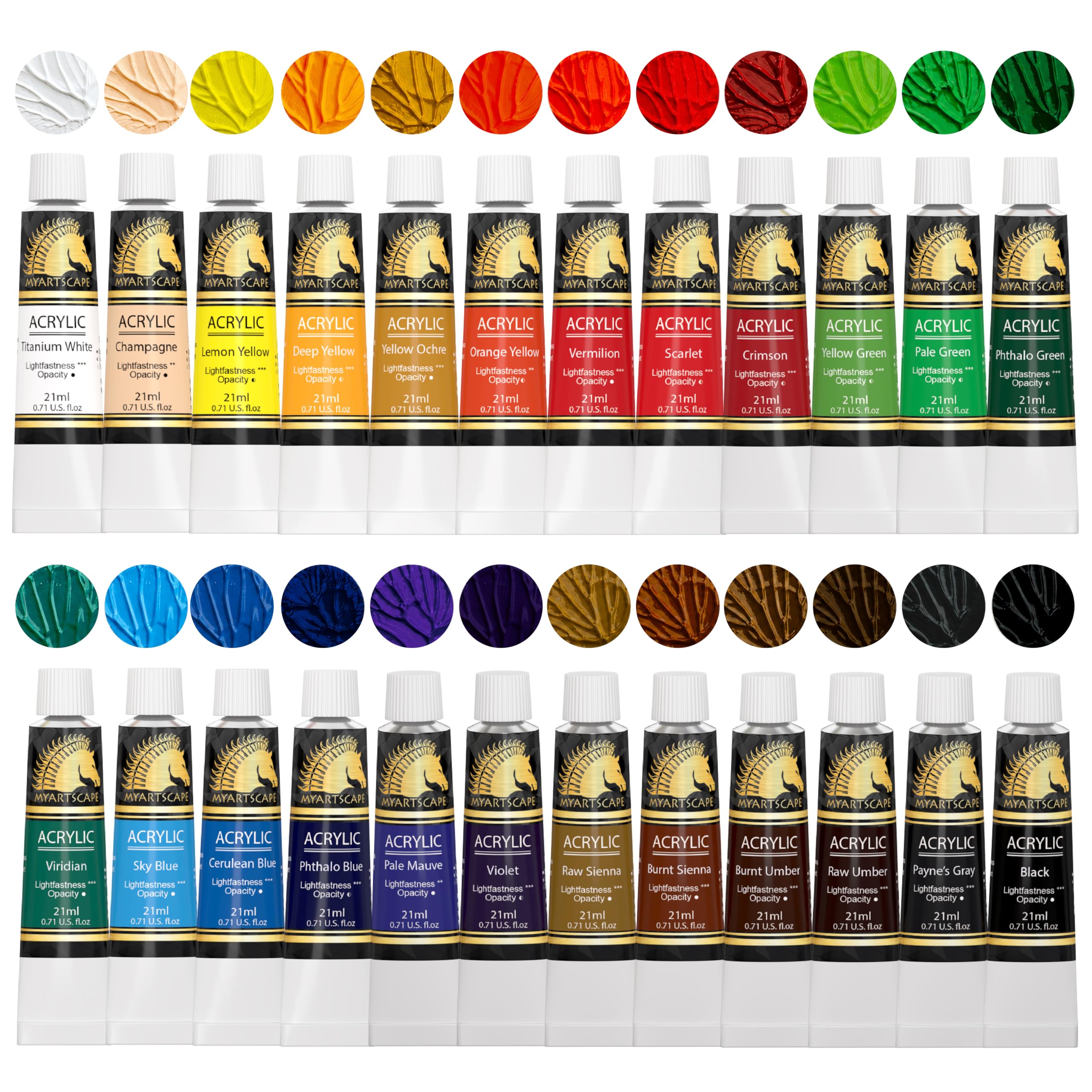 MyArtscape Acrylfarben-Set – 24 x 21 ml Tuben – lichtecht – schwerer Körper – große Tönungsfestigkeit – hohe Viskosität – professionelle Qualität – Malzubehör in Künstlerqualität – Premiumfarben