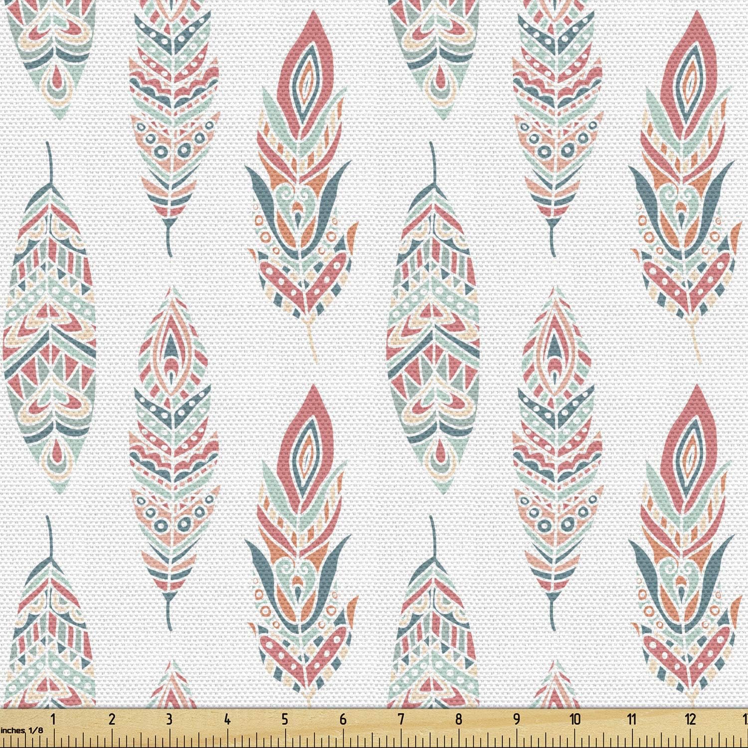 Ambesonne Feather Fabric by The Yard, Hand Drawn Motifs Culture Pastel Color Hippie Plumage Bohemian Effect, Decorative Fabric for Upholstery and Home Accents, 3 Yards, Seafoam Coral