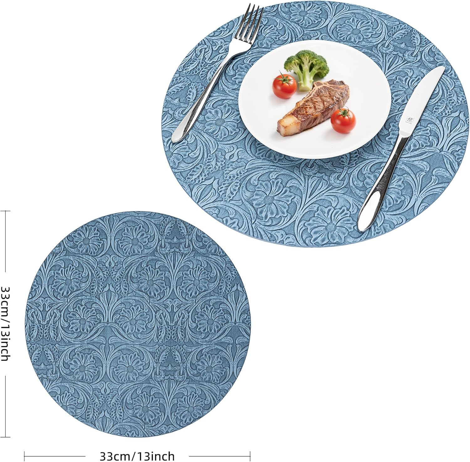 Faux Leather Round Placemats with Vinyl Surface – Heat Resistant, Wipeable Dining Table Placemats for Kitchen or Small Tables – Embossed Handmade Design – Individuales Redondos