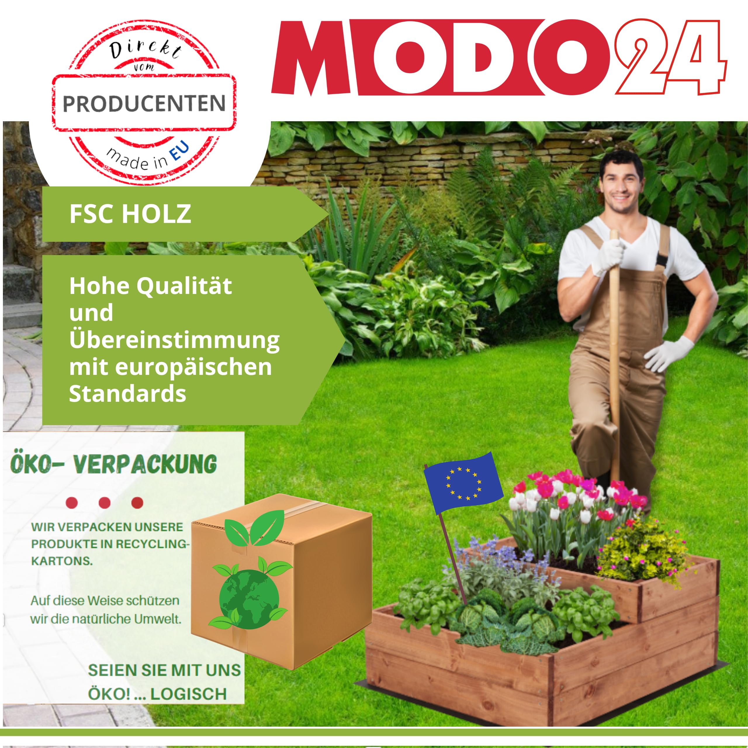 Hochbeet Holz, 3-stufiger Pflanzkasten, Blumenkasten, Gemüsebeet, Kräuterbeet, Anzuchtset, Anzuchtkasten, mit Gartenvlies als Unterlage und Schrauben, Abmessungen 45x30x93 cm, Farbe: Grau