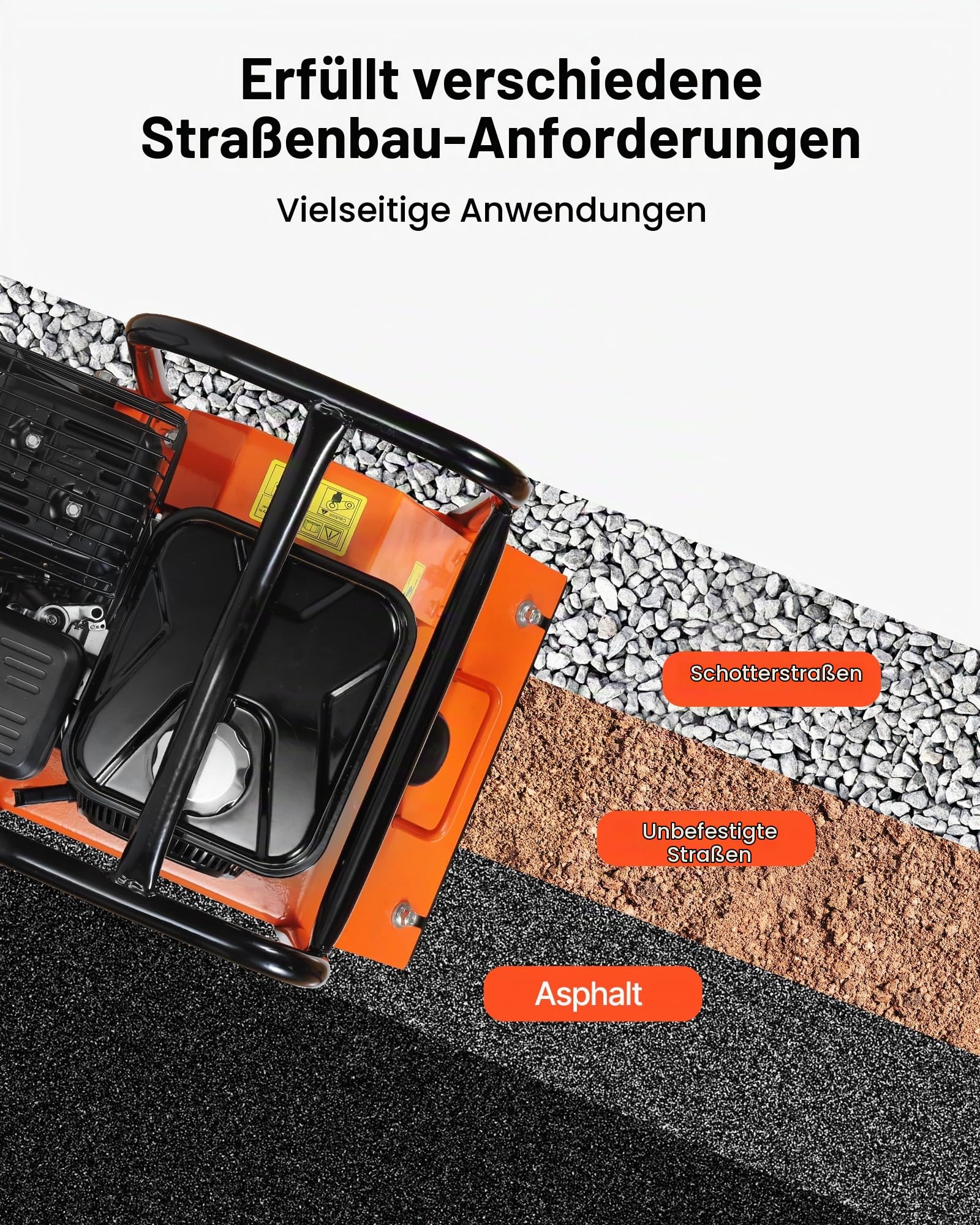 VEVOR Benzin Rüttelplatte, 6,5 PS (212 CC) Motor, 6400 U/min Vibrationsstampfer, 15 kN Verdichtungsdruck, Platte 530x400 mm, Handgeführter Rüttler für Pflasterarbeiten, Asphalt & Fundamente