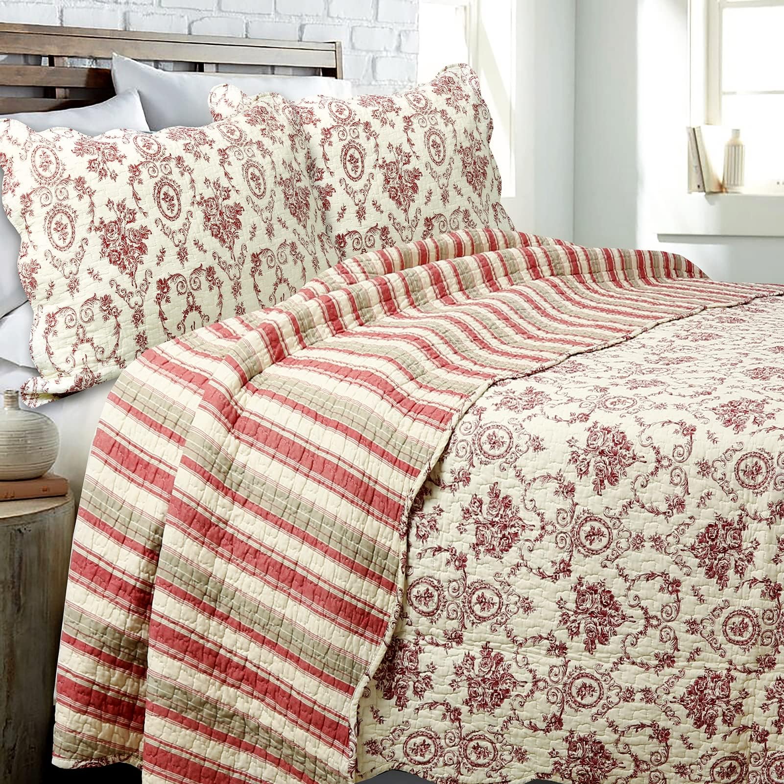 Cozy Line Home Fashions French Medallion Beige Burgundy Red Rose Flower Pattern Printed 100% Cotton Bedding Quilt Set Reversible Coverlet Bedspread (Burgundy Red, King - 3 Piece)
