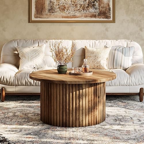 Miniatura 5 de Tribesigns Mesa de centro redonda de 31.5 pulgadas, mesa central circular de granja con base de tambor acanalada y parte superior de chapa de grano