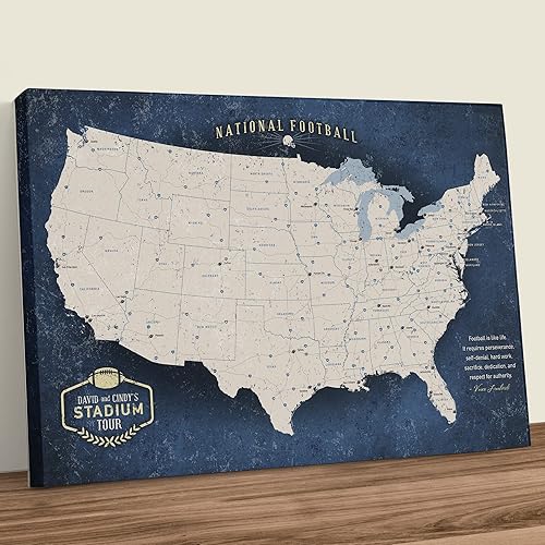 Vista 40 de HolyCowCanvas Personalized Canvas Football Stadium Map Tracker with Pins, Metal Footballs, Customized Sports Gift, Push Pin USA Map (Green Vintage)