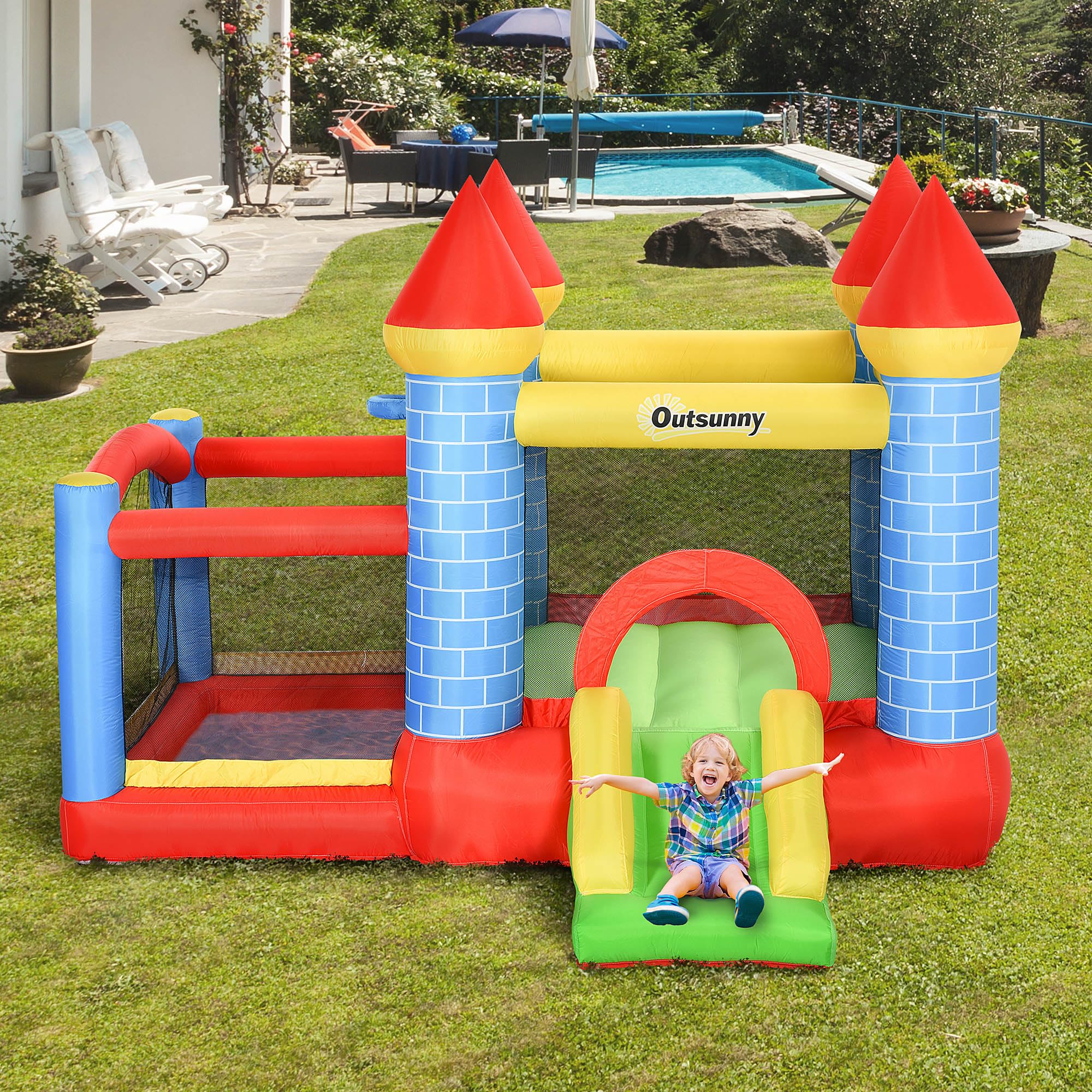 Outsunny Hüpfburg mit Gebläse Aufblasbare Kinderhüpfburg 280 x 260 x 210 cm | Für Kinder 3-8 Jahre, Spielburg mit Rutsche Basketballkorb Trampolin Pool Planschbecken, Spielplatz für Indoor und Outdoor