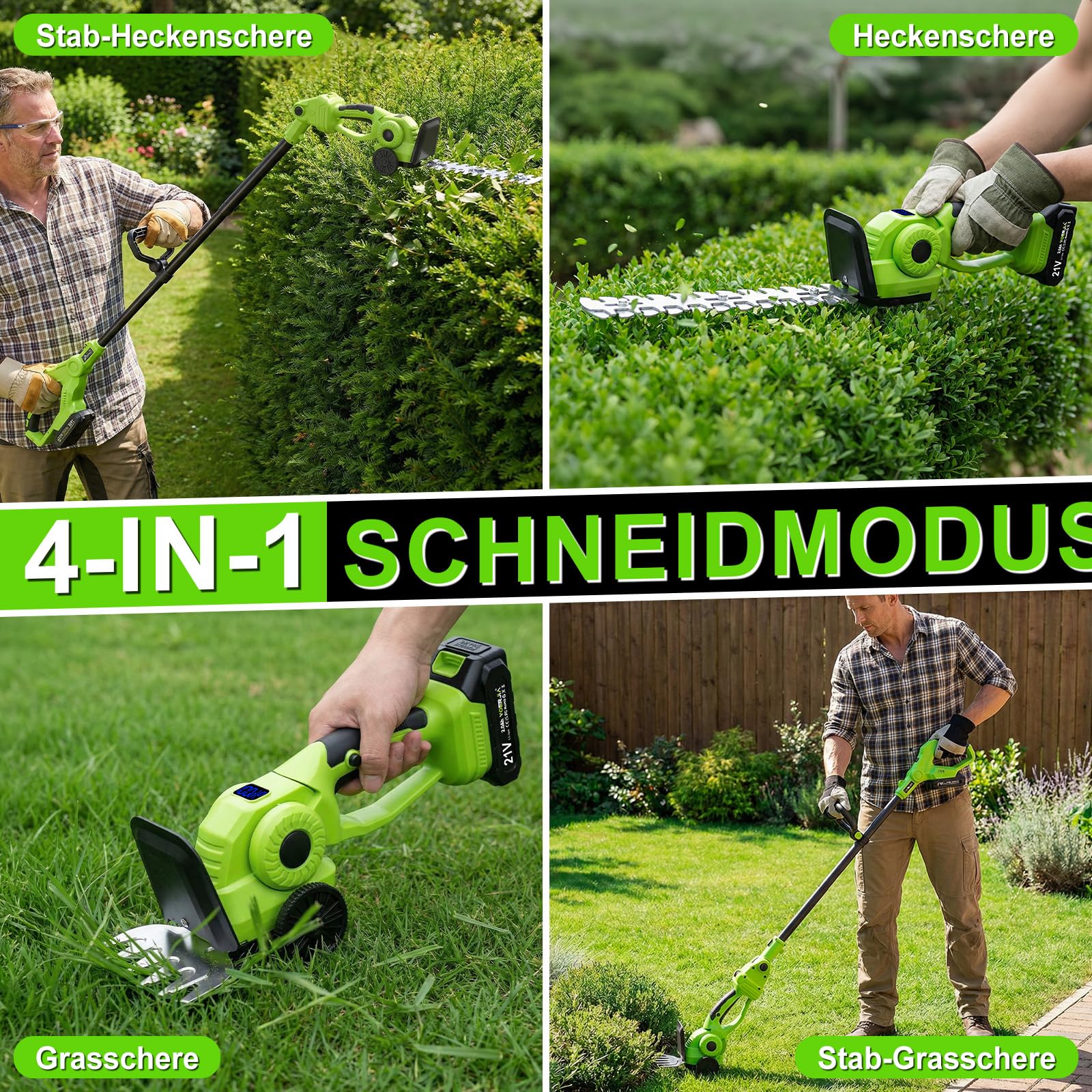 VOERJIA 4-in-1 Akku Grasschere & Strauchschere mit 115cm Verlängerungsstange (165cm Reichweite), 21V Gartenschere mit Rollen, 650W, 180° verstellbar, 2 Akkus – für Rasenkanten, Hecken & Formschnitt