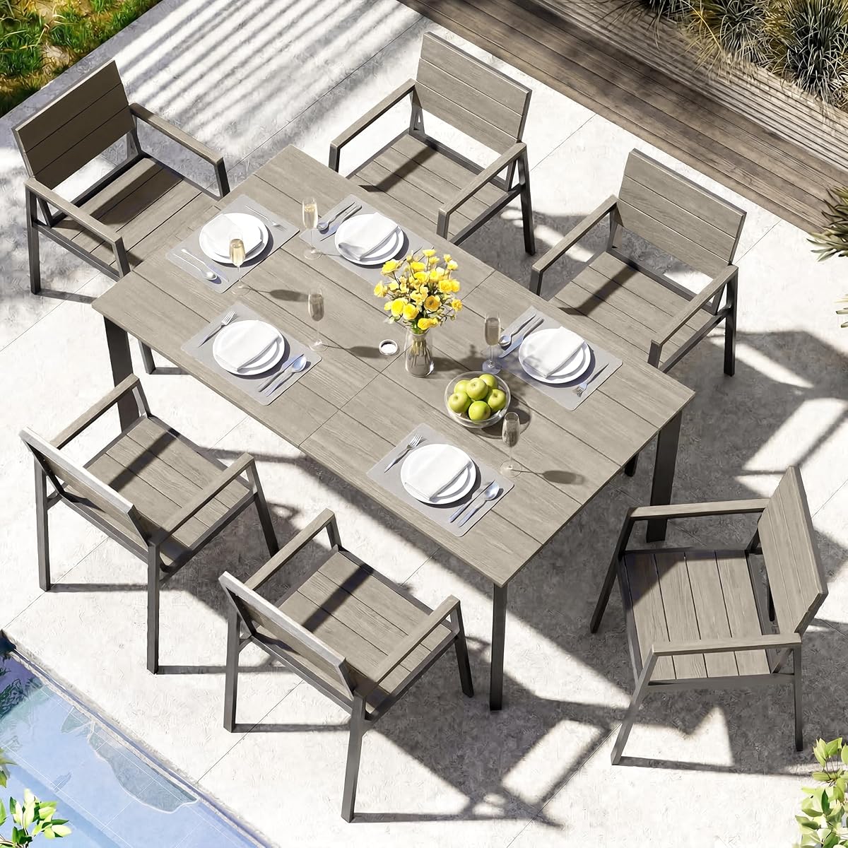 Outdoor Patio Dining Set for 6, Aluminum 7 Piece HDPS Patio Table and Chairs Set with Umbrella Hole, Modren Patio Furniture Set, Patio Dining Table and 6 Chairs (Classic Gray)