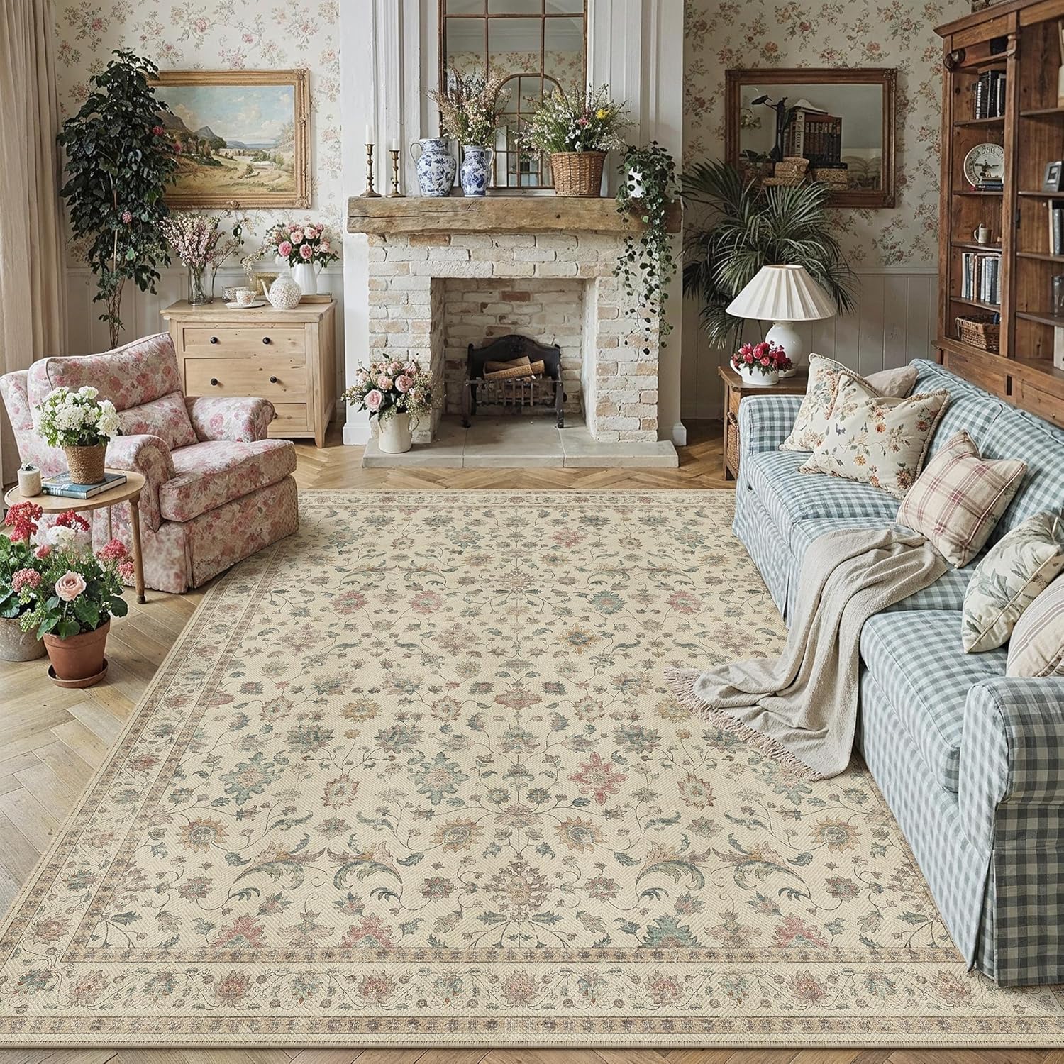 HUGEAR 8x10 Outdoor Rug Colorful Linen-Look Fabric Checkered Area Rug High Traffic Stain Resistant Easy Clean Durable Rugs for Indoor/Outdoor Patio Deck Balcony Porch Garden Courtyard