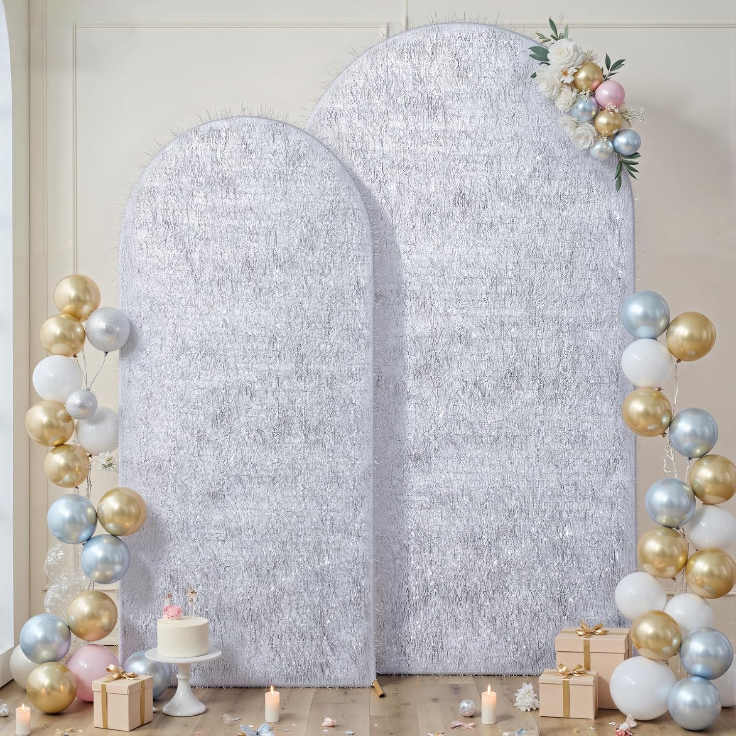 Set of 2 Silver Arch Backdrop Cover 7.2ft 6ft, Dual-Sided Metallic Sparkle Tassel/Spandex Balloon Arch Cover, Round Top Chiara Backdrop Stand Cover for Wedding/Birthday Party/Baby Shower/Prom Decor