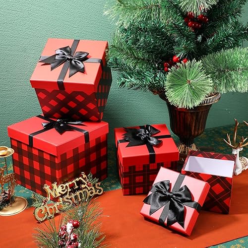 Miniatura 2 de TaoBary 4 cajas de regalo apilables a cuadros de búfalo apilables de color rojo y negro, cajas decorativas con tapas, cubo de almacenamiento anidado