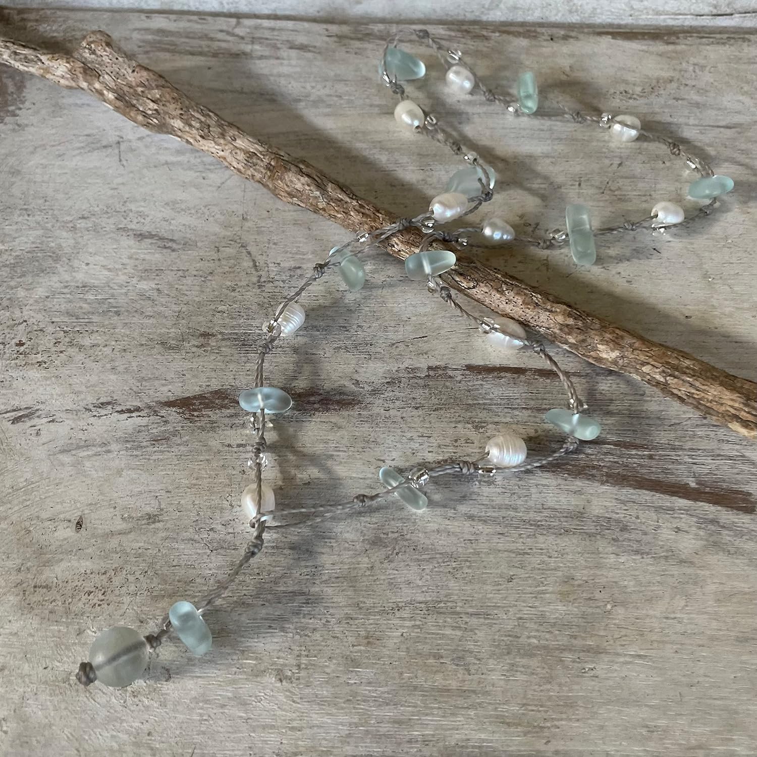 Mint Green Sea Glass and Freshwater Pearl 22 Inch Necklace, Wrap Bracelet or Anklet, Island and Beach Jewelry, Handmade in the Caribbean