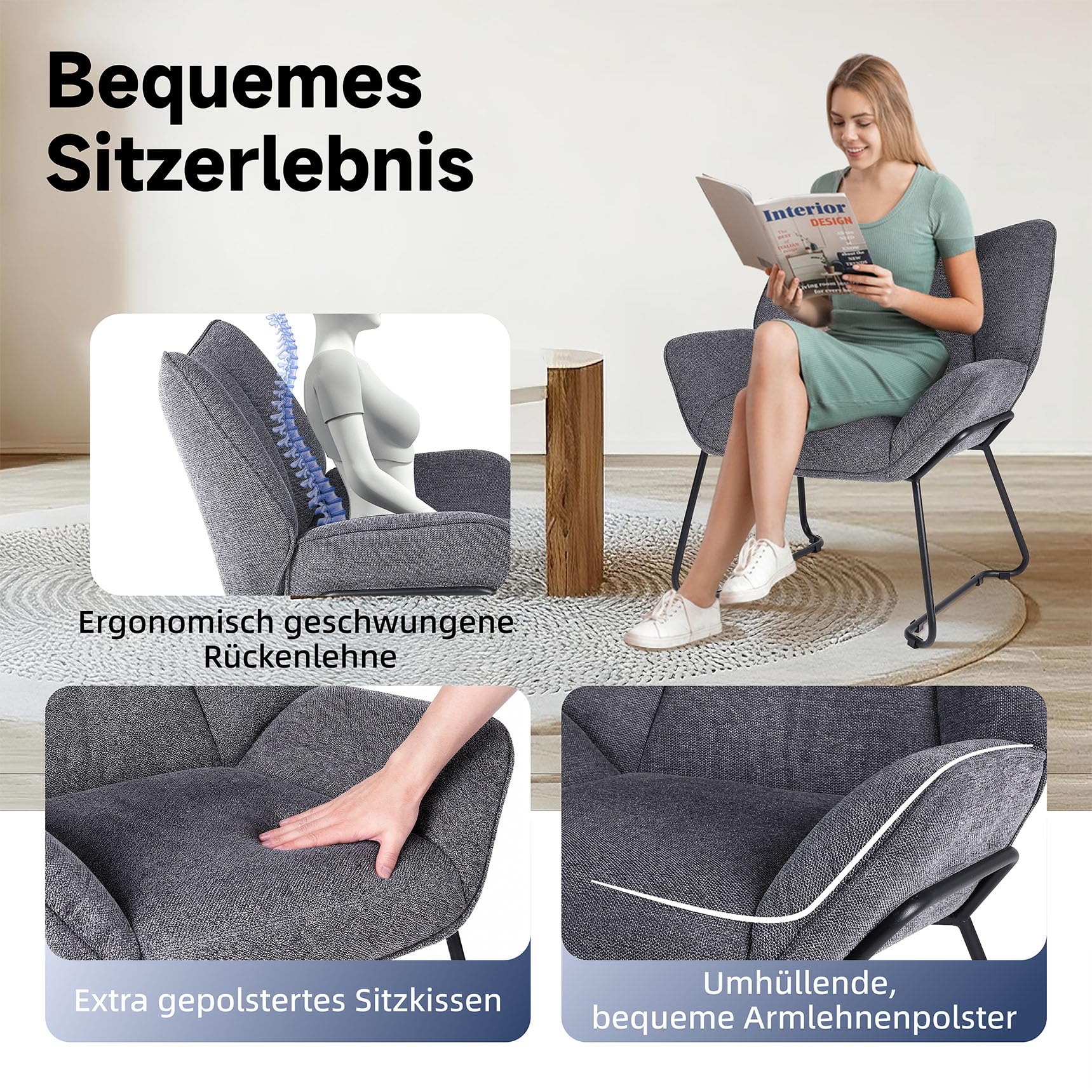Youhauchair Sessel Wohnzimmer Loungesessel modern Lesesessel gepolstert Ohrensessel mit Metallbeinen für Schlafzimmer/Wohnzimmer, Leinen, Dunkelgrau