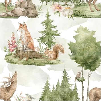 Blooming Wall DPY25-5 Watercolor Cute Animals in Green Woods Peel and Stick Wallpaper Removable Self Adhesive Wall Mural Wall Decor