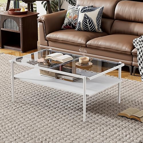Miniatura 64 de Mesa de centro de cristal para sala de estar, mesa de centro de 2 niveles de mediados de siglo, mesa central con parte superior de vidrio templado