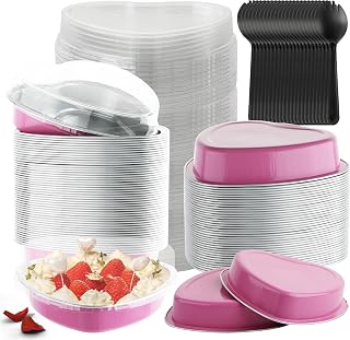Heart Shaped Mini Cake Pans with Lids, 50PCS 8.7OZ Disposable Foil Heart Baking Tins with Lids Pink Individual Cookie Tins Mini Foil Pans for Wedding Anniversary, Pink